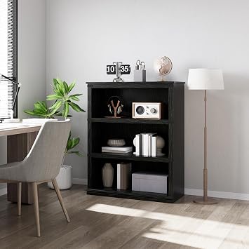 IDEALHOUSE 3-Tier Tall Bookcase with Adjustable Shelves, Metal Frame, Closed-Back Storage Bookshelf, Freestanding for Home Office, Bedroom, Black