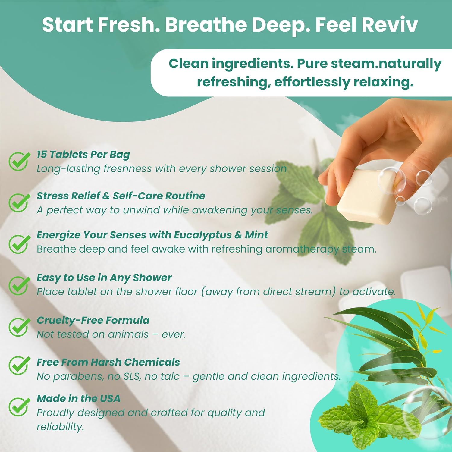 REVIV Shower Steamers Aromatherapy – 15 Long-Lasting Eucalyptus & Mint Shower Bombs for Stress Relief and Sinus Support – Self Care Spa Gifts for Women & Men – Valentine's Day Gift - Image 6