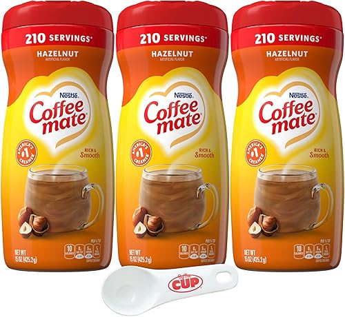 Coffee mate Crema en polvo de avellanas, 15 onzas (paquete de 3) con cuchara de café By The Cup