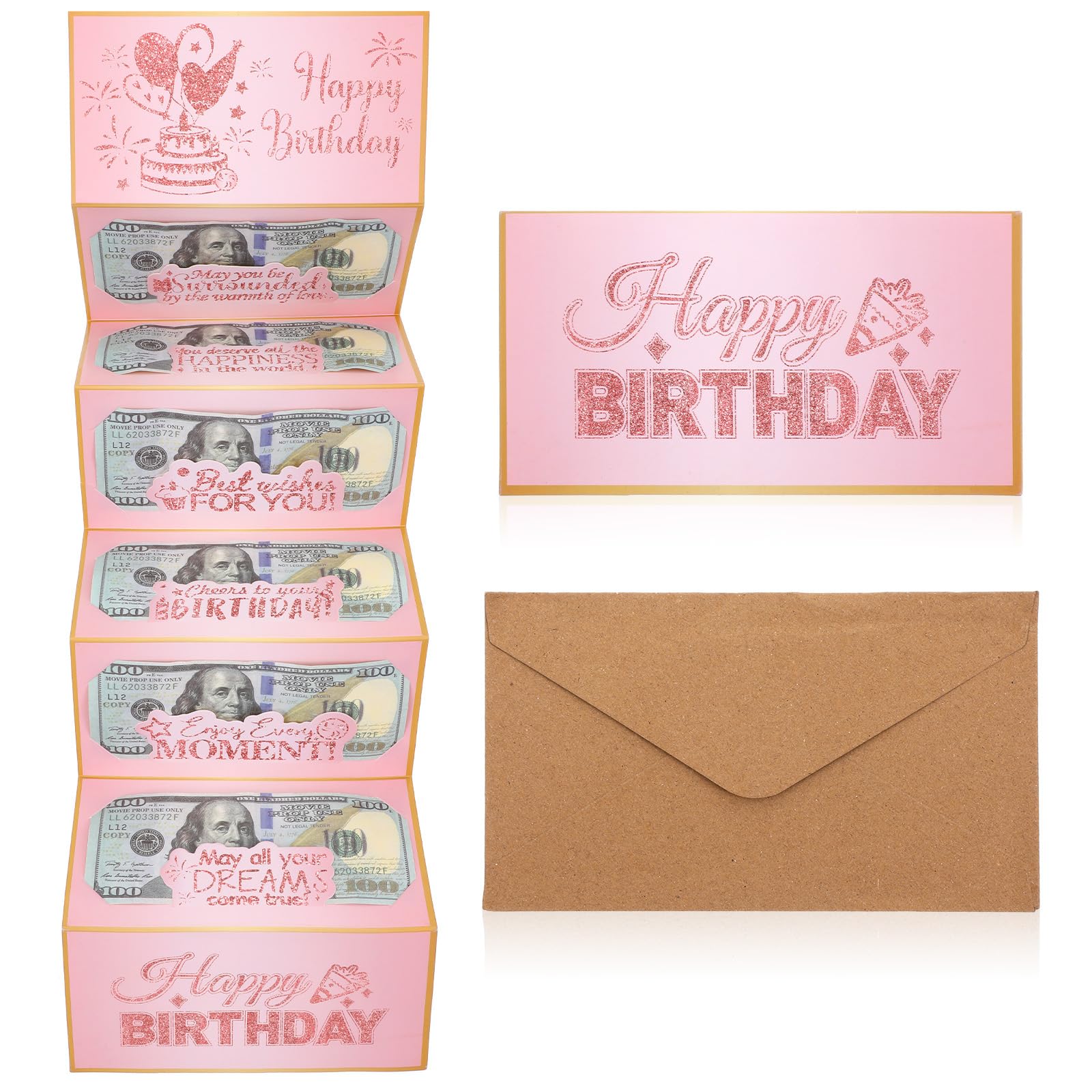 Matwsec 1PCS Birthday Money Envelopes for Cash Gifts, Pink Cash Gift Envelopes, Happy Birthday Money Gift Ideas for Men Women Party Present Kids Girl Boy