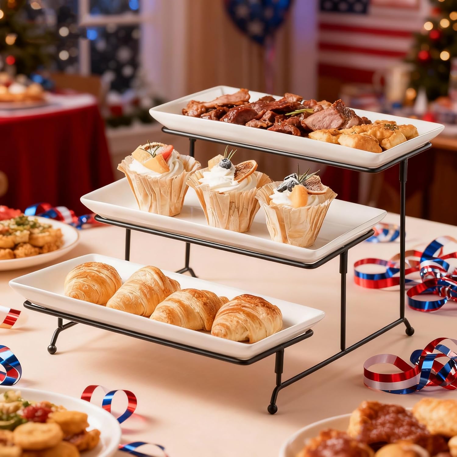 Gomakren 3 Tier Serving Trays Stand Porcelain Serving Platters 12 Inch White Serving Plates Dinner Platters for Appetizer Snack Fruit Cup Cake Tray Display Serving Dishes for Entertaining - Image 3