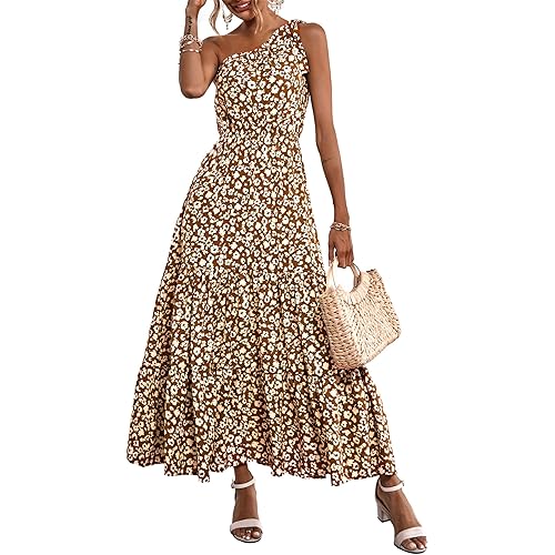 Pretty Garden Womens 2024 Floral Knot One Shoulder Sleeveless Ruffle Hem Flowy Boho Dresses