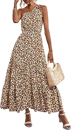 PRETTYGARDEN Women's Floral Summer Dress 2023 Knot One Shoulder Sleeveless Ruffle Hem Flowy Boho Maxi Dresses