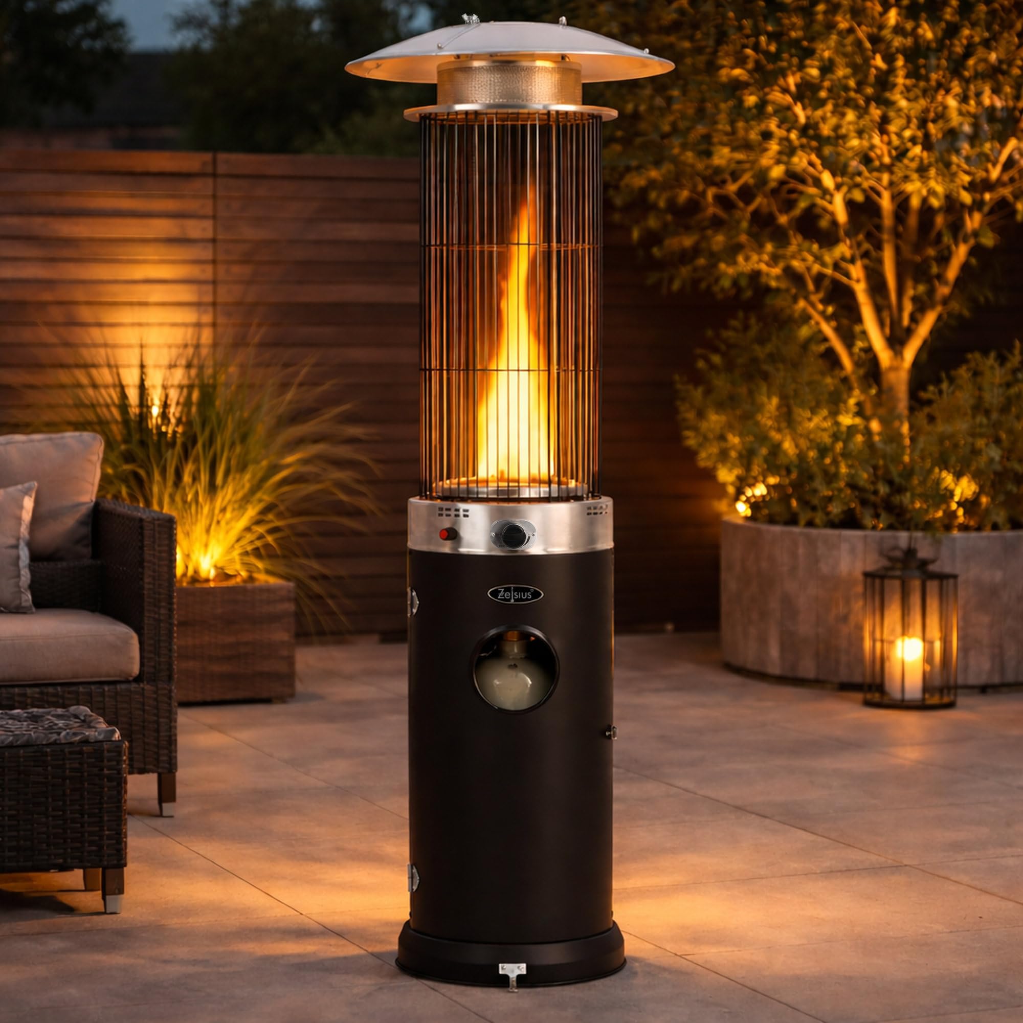 Zelsius Heizstrahler mit Glasröhre Davos 15 kW Schwarz | Ø 57 x (H) 174 cm | Spiralflammen-Heizstrahler, Terrassenheizstrahler, Heizpilz, Feuersäule Outdoor, Gasheizstrahler, Terrassenstrahler Gas