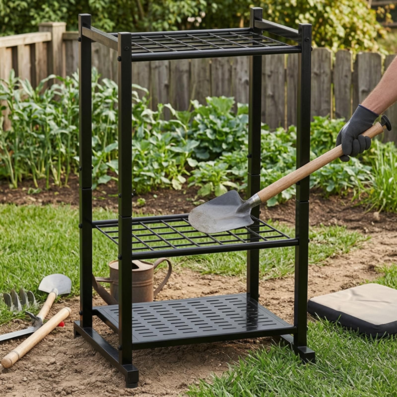 Porta Attrezzi da Giardino Resistente Scaffale in Metallo con Tre Ripiani Antiruggine Portaattrezzi per Garage