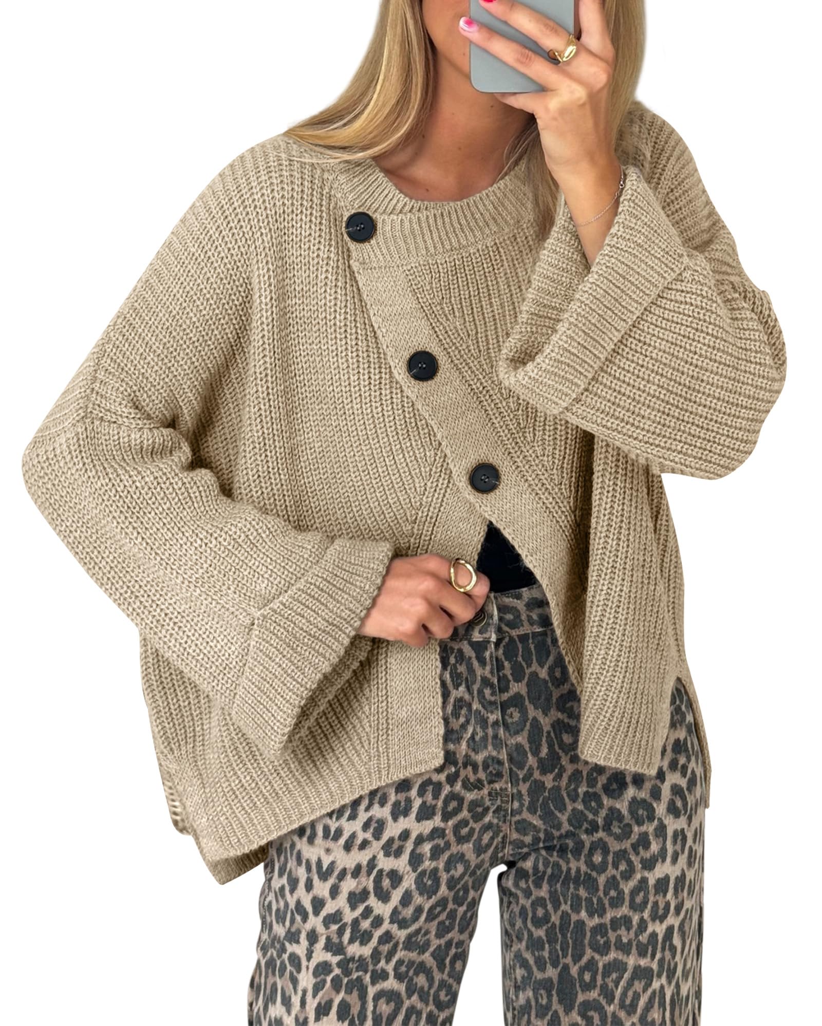 Balimtoy Chunky Cardigan Sweaters for Women Long Sleeve Crewneck Button Down Loose Pullover Sweater Casual Fall Outwear