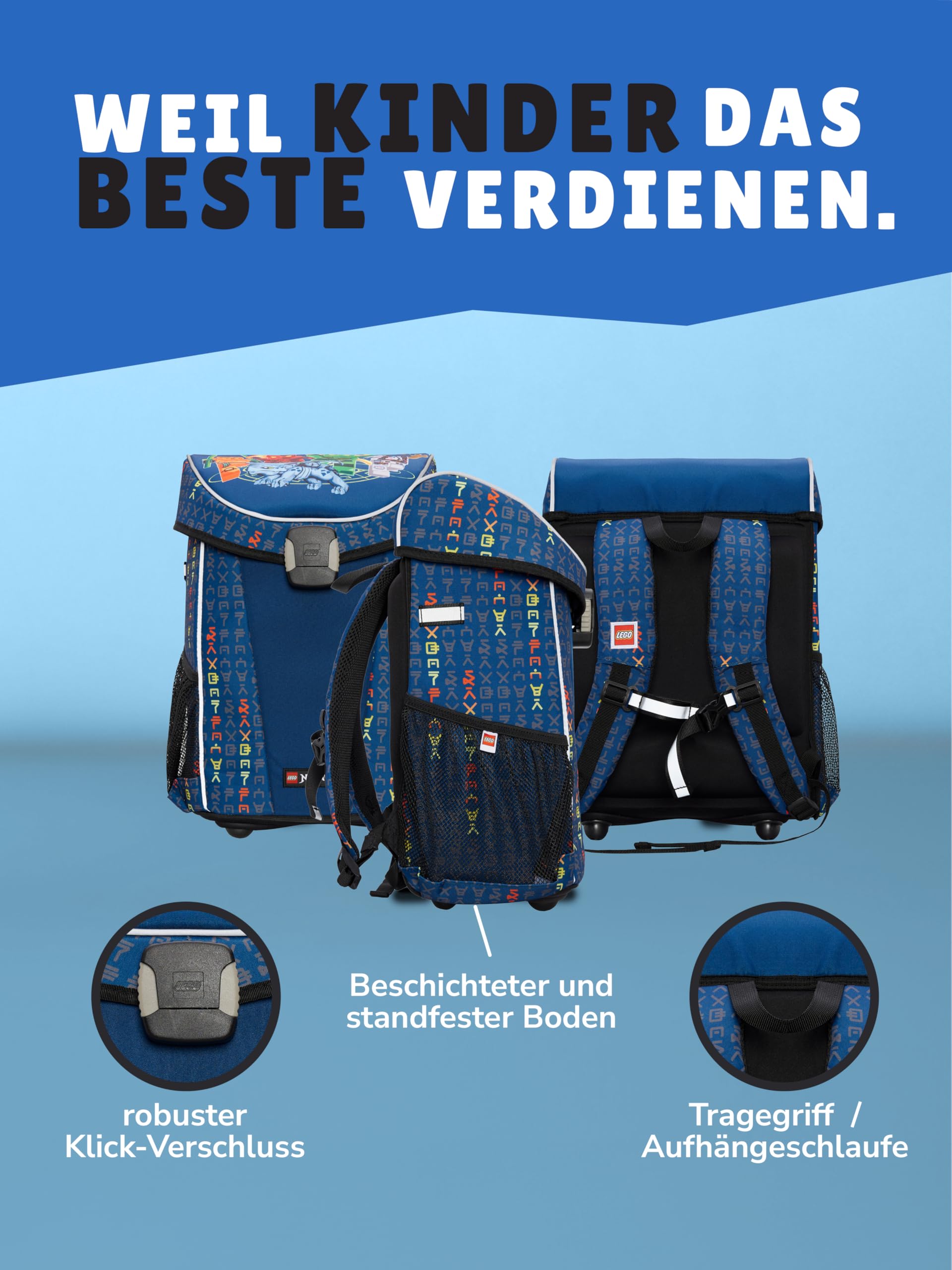 Familando - Schulranzen Set 10-teilig mit Schultüte - Ninjago Blau - Ergonomisch, stabil & mit gepolstertem Rücken - 870g leicht mit 29L Volumen - wasserabweisend und mit Reflektoren - Ab 1. Klasse