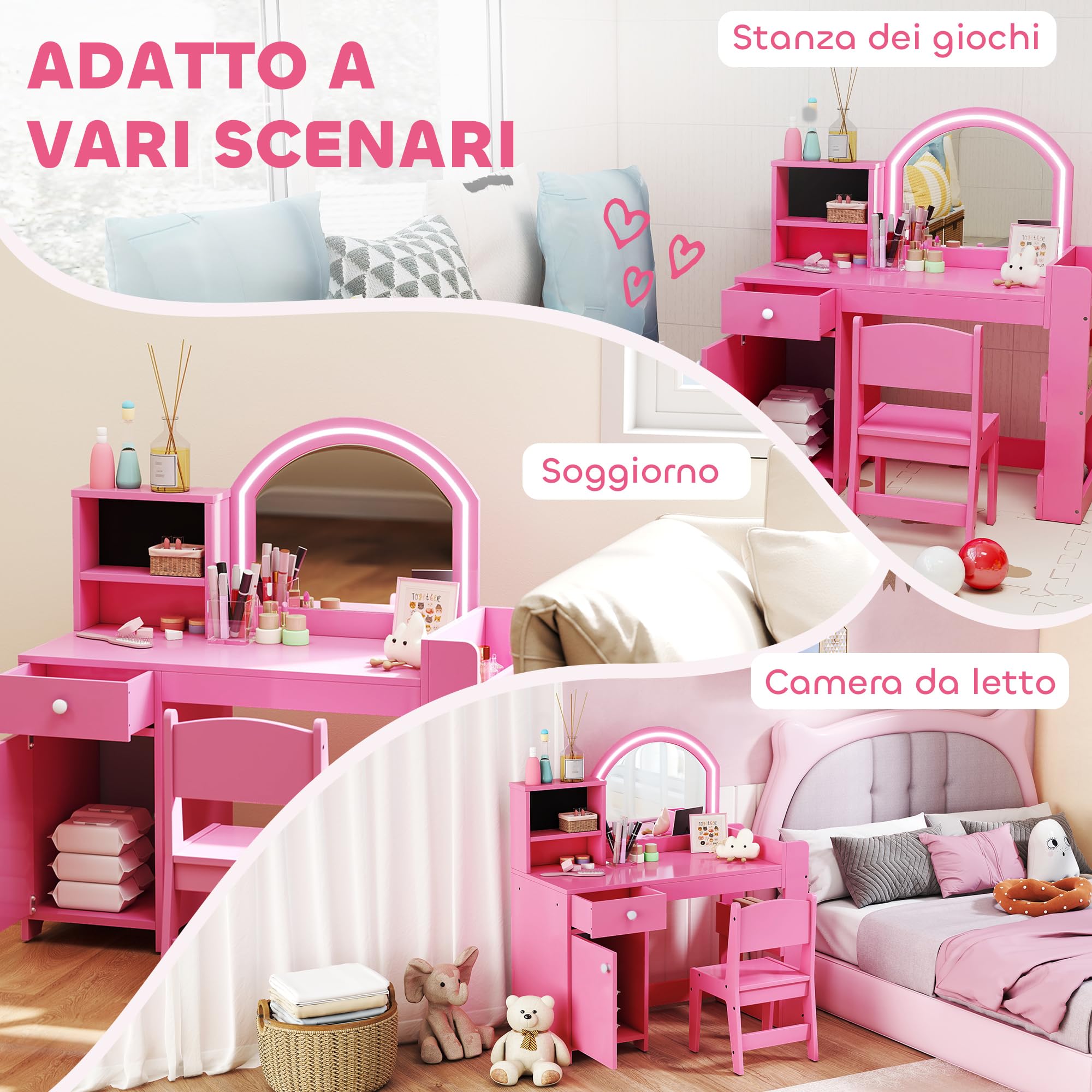 AIYAPLAY Set Toeletta Trucco per Bambini 3-8 Anni 2 in 1 con Specchio Illuminato e Sedia, Postazione Trucco in Legno con Luce LED a 2 Colori, Armadietto, Scaffali e Libreria, Rosa