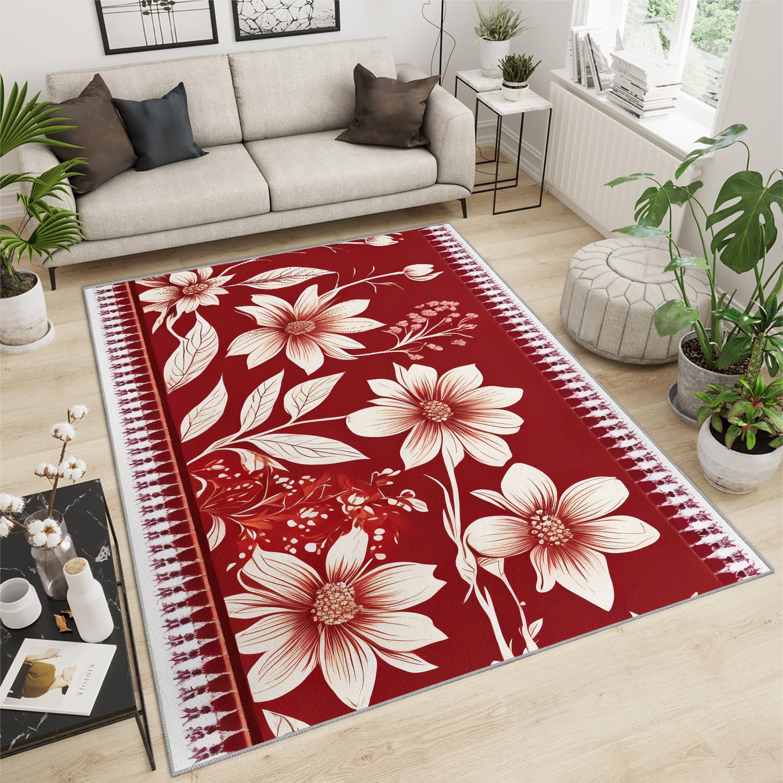 QDJKBL Area Rugs 70 X 120 Cm Red Rose Peony Flowers Girls' Bedroom Carpet, Chinese Retro Bohemian Floral Apartment Carpet, Low Pile Rug Bright Color for Living Room