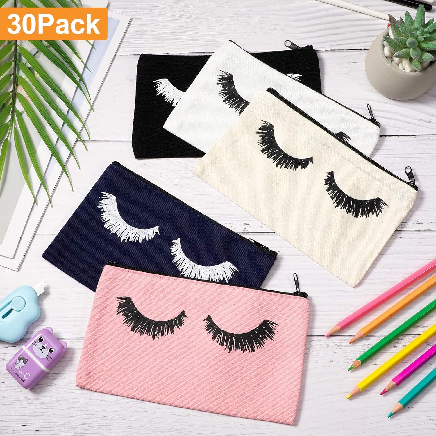 Weewooday 30 Pieces Eyelash Makeup Bags Canvas Makeup Bags Eyelash Cosmetic Bags Travel Make up Pouches with Zipper for Women, 5 Colors (7.1 x 4.3 Inch)