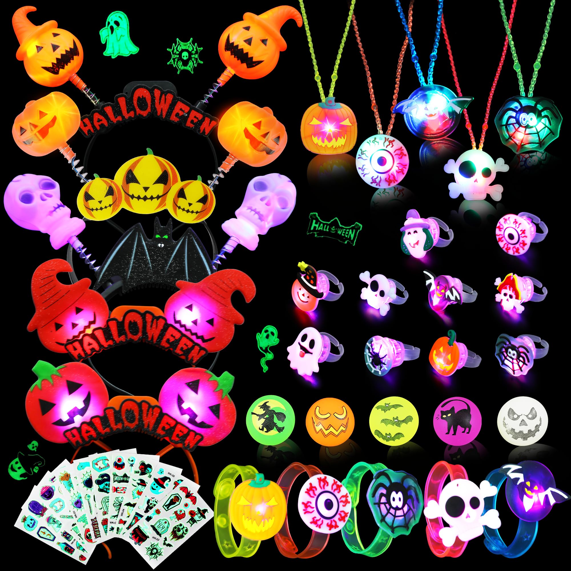 FabetoHalloween Light Up Party Favors 40 Pack Halloween Toys Trick or Treats Goodie Bag Filler Glow Party Supplies for Kids, 5 Pumpkin Headbands 5 Bracelets 5 Necklaces10 Rings 10 Glow Stickers
