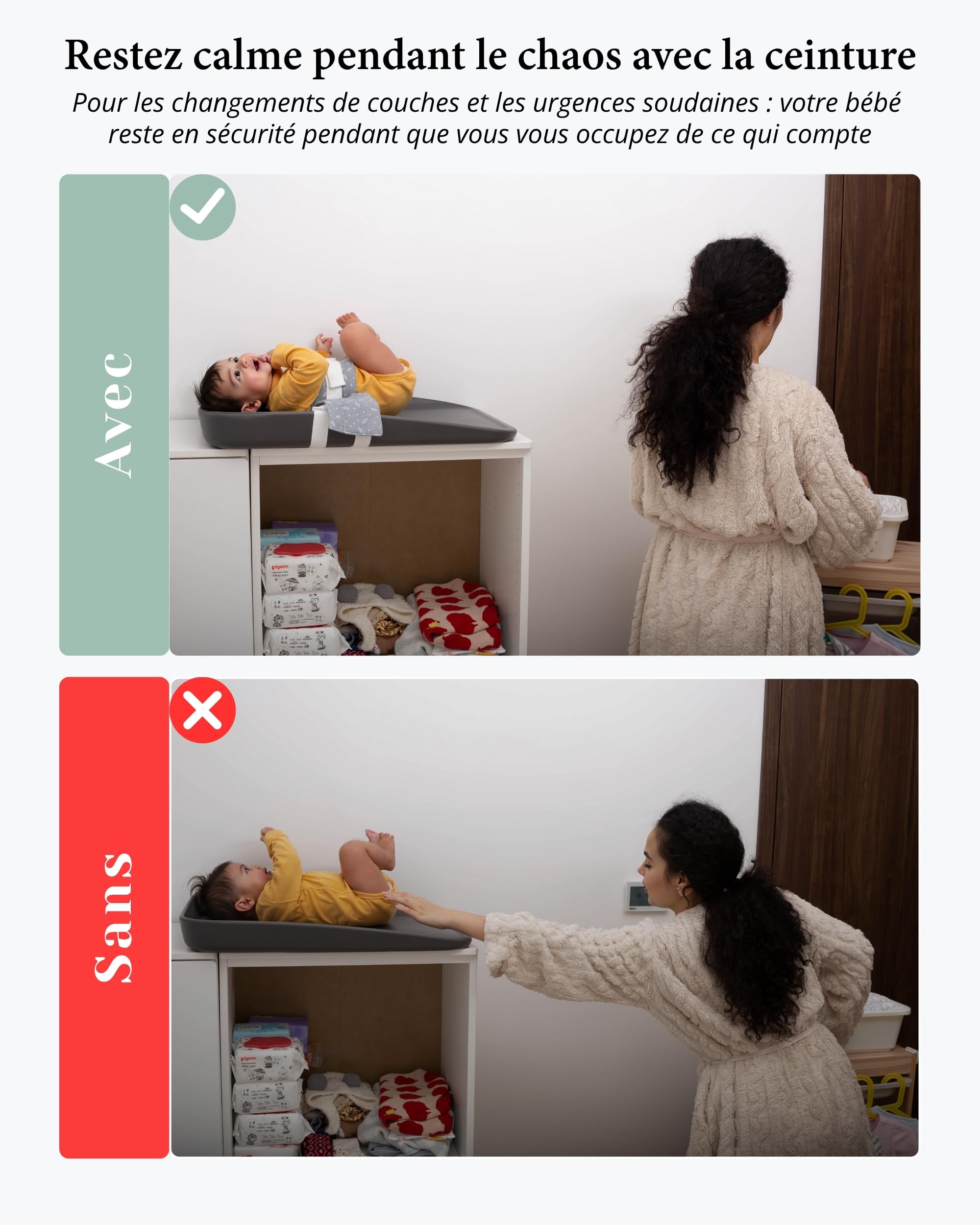 Harnais-Sécurité pour Table à Langer – Doux, réglable & sécurisé anti-évasion pour 0–24 mois. Compatibilité universelle pour matelas à langer et tables à langer, confortable & portable (Gris)