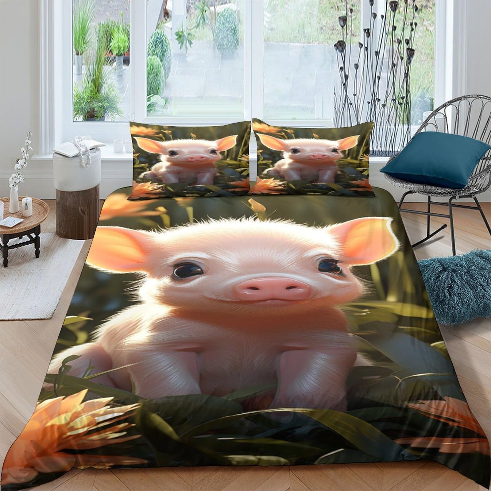 Housse de couette cochon 3D parure de lit 3 pièces douce avec taies d'oreiller