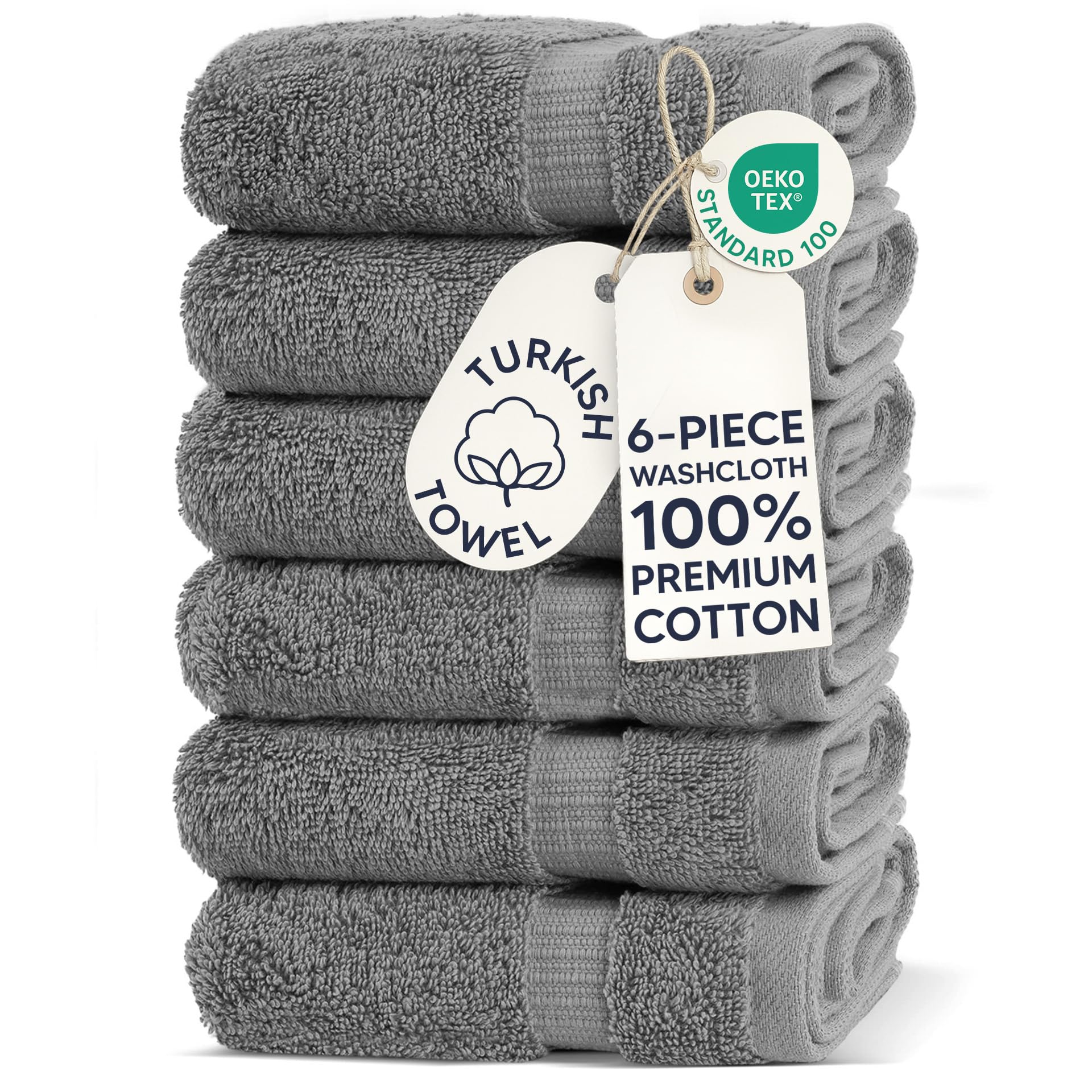 Chakir Turkish Linens 100% Cotton 6-Pack Washcloths 13x13, Gray