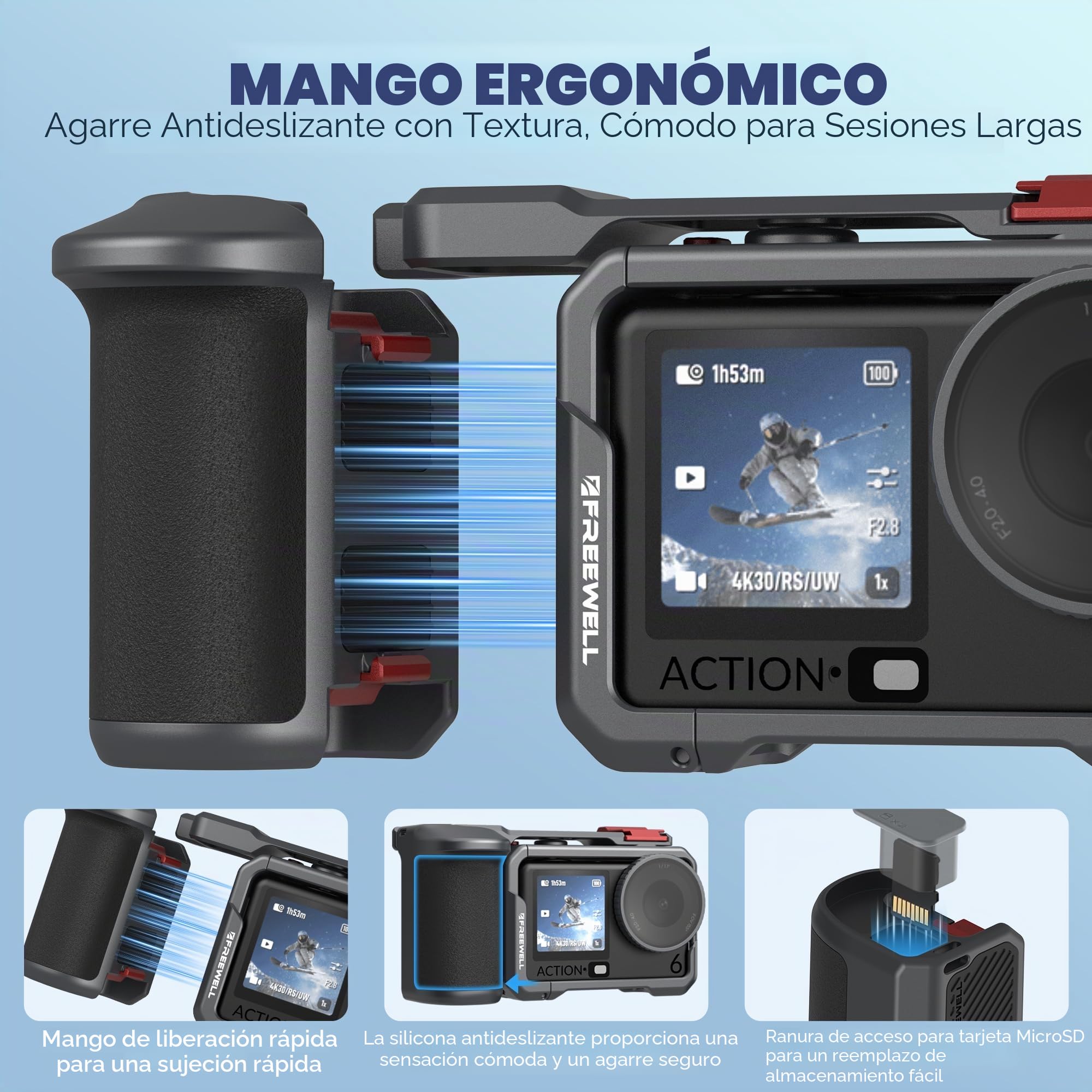 Freewell Creator Pro - Jaula para dji Osmo Action 6 con Agarre Xplorer | montaje de conexión rápida, zapata fría, rosca de 1/4 a 20 + agujero de posicionamiento ALAI, kit de aparejo de aluminio a