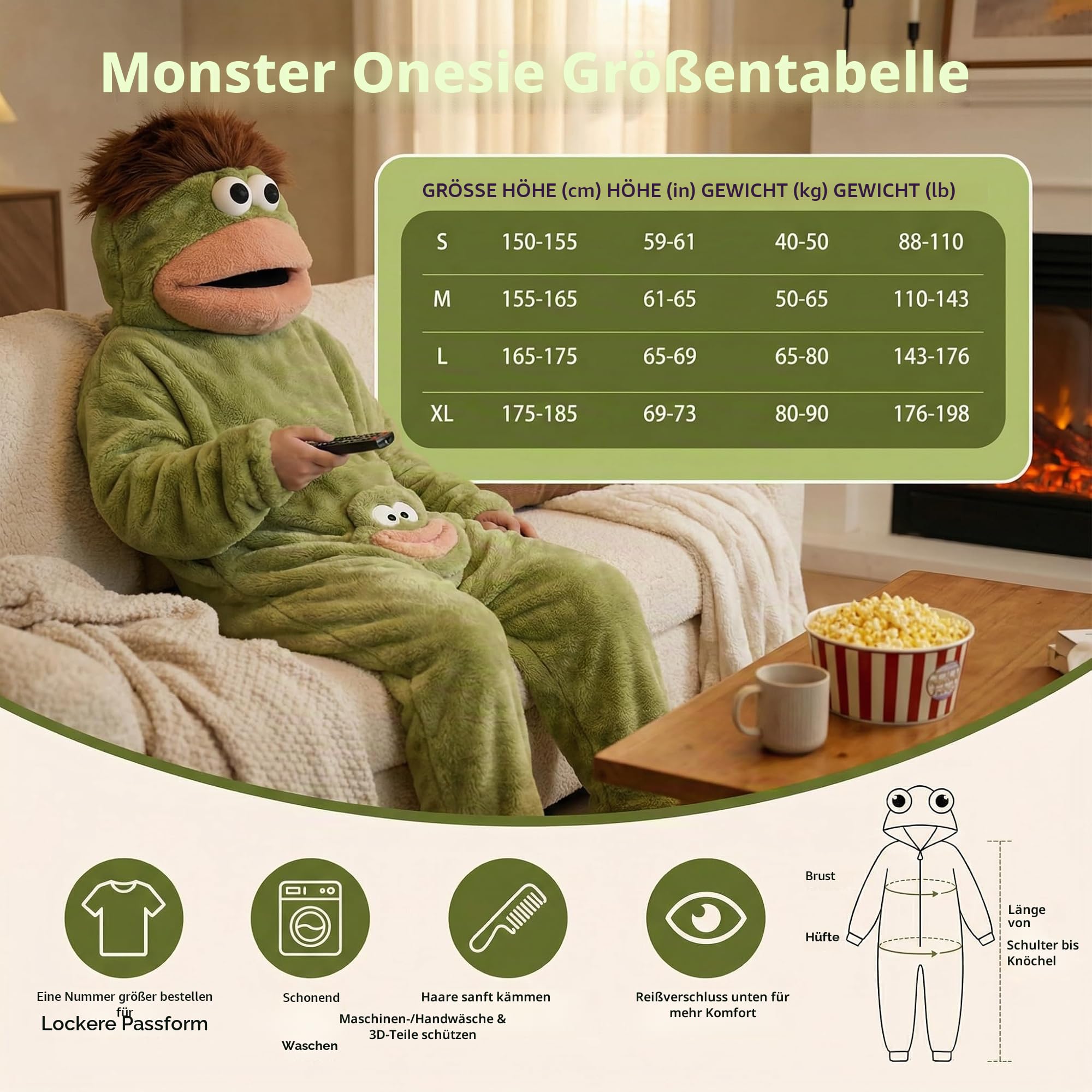 Virelia Lustiger grüner Monster-Einteiler mit großer Öffnung, Unisex, für Erwachsene, Teenager, ultraweich, Plüsch, mit Kapuze, einteiliger Schlafanzug mit Taschen, lässige Loungewear für Filmabend