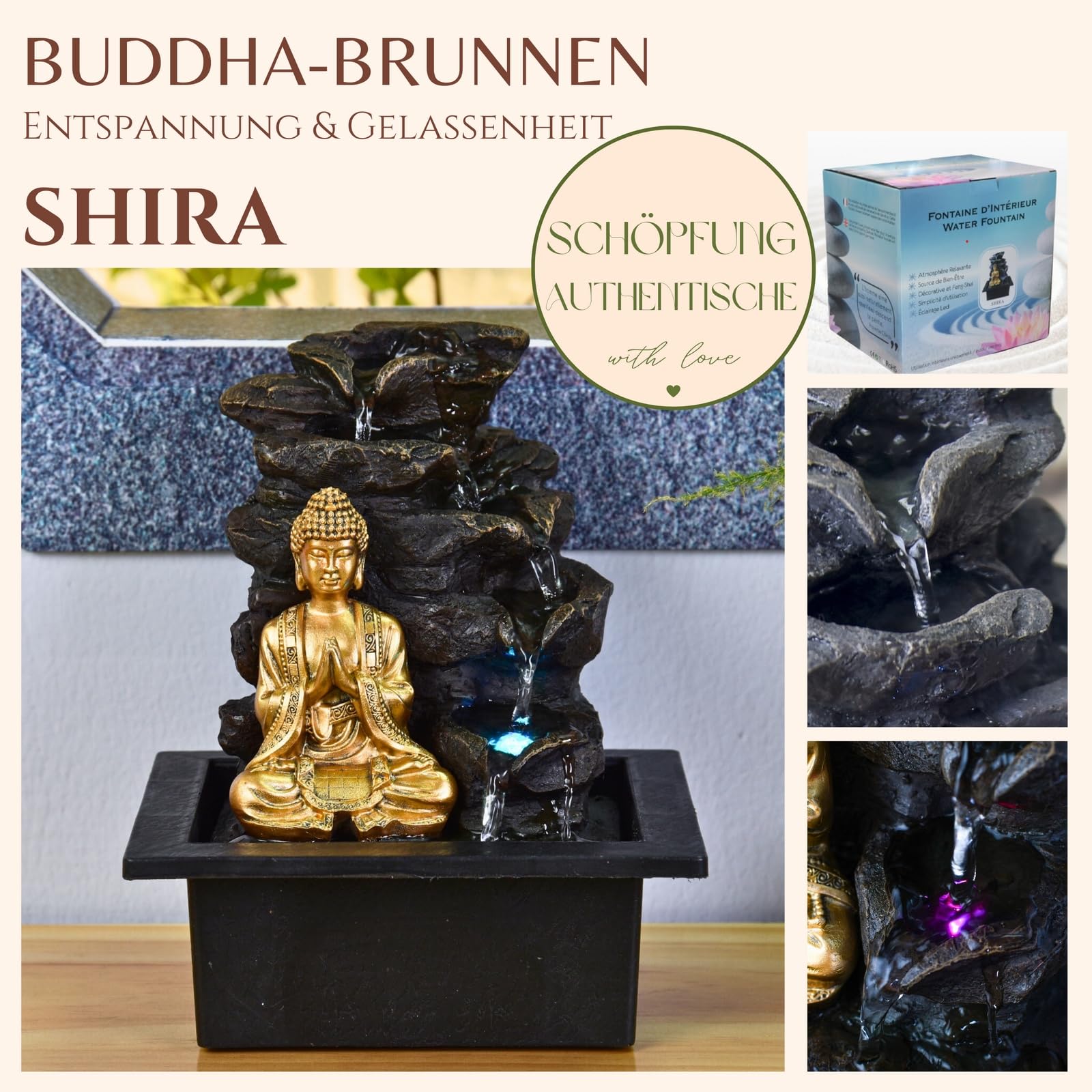 Zen Light Shira Zimmerbrunnen mit Pumpe und LED-Beleuchtung, Kunstharz, Schwarz, Einheitsgröße