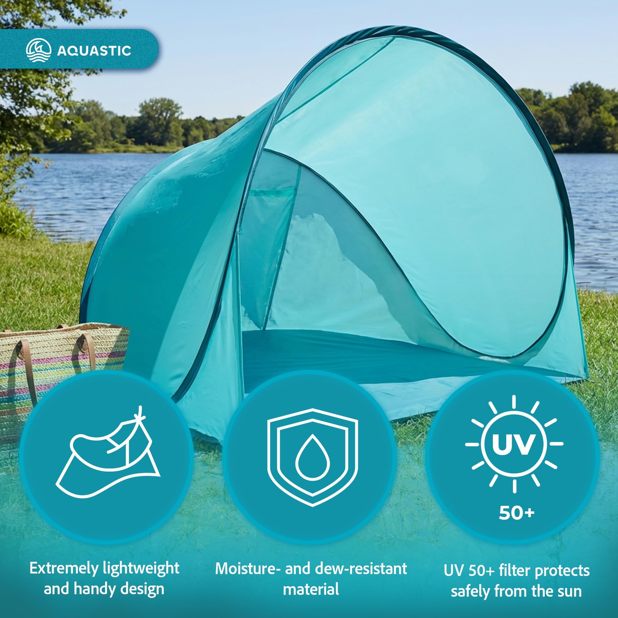 AQUASTIC Qsand Beach Tent | automatyczne rozkładanie w 3 sekundy | ochrona przed promieniowaniem UV 50+ | wodoszczelny 1000 mm | ultralekki (1 kg) i kompaktowy (70 cm) | z zamykanym wejściem | idealny
