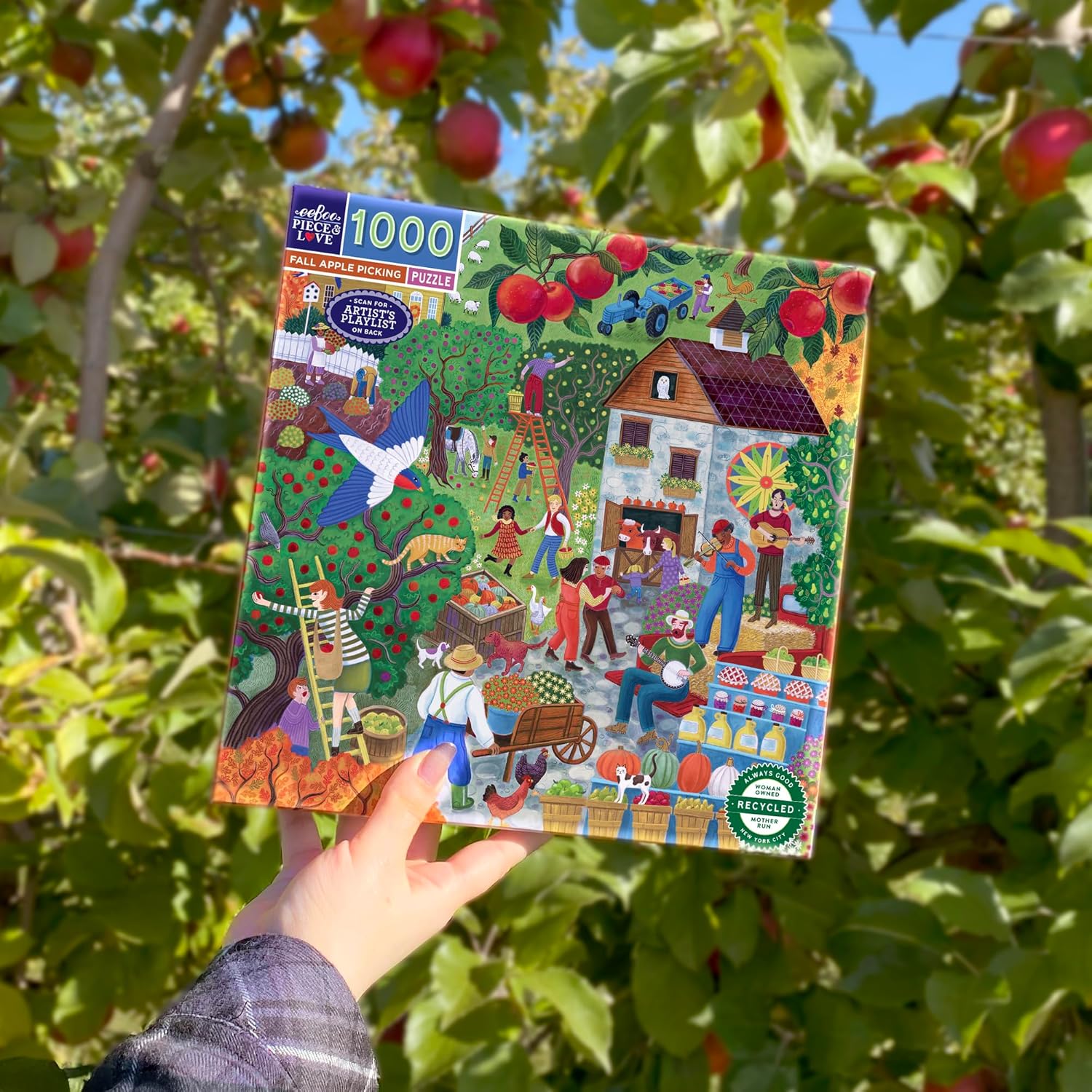 eeBoo 1000 Piece Puzzle - Fall Apple Picking Jigsaw Puzzle for Adults, Square 23" x 23" Made with Recycled Board & Vegetable-Based Ink