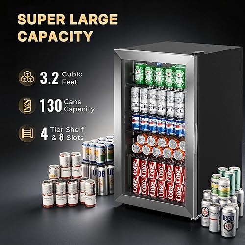 Miniatura 3 de Manastin Refrigerador de bebidas para 130 latas, mini refrigerador de 3.2 pies cúbicos con puerta de vidrio para bebidas, cerveza, vino, luz LED,