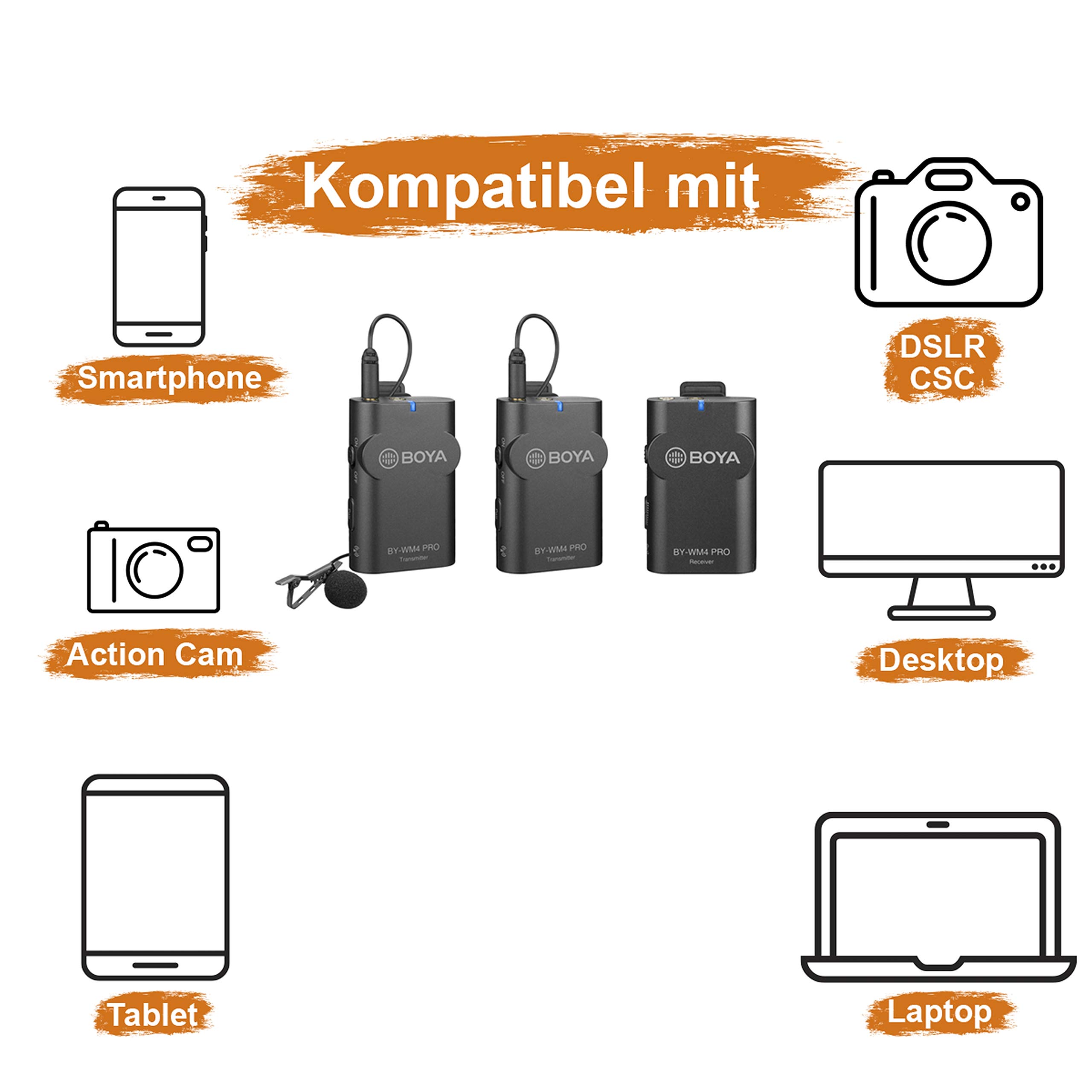 walimex pro Boya WM4 Pro K-2 Kit Lavalier Wireless con 2 Trasmettitori e Ricevitore, Portata 60 m, cavo 120 cm, per video e audio