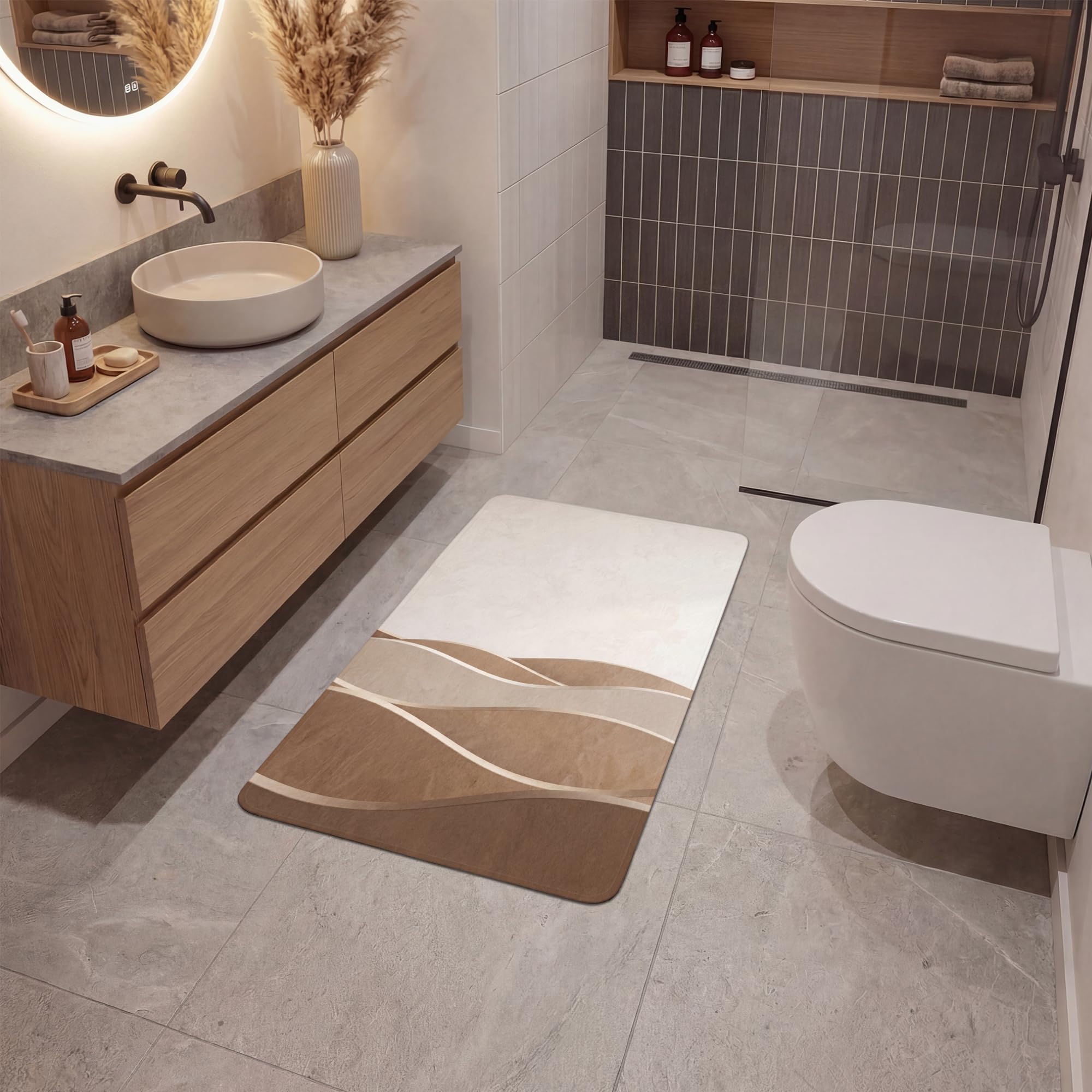 Tapis Bain Rectangulaire 60x90 cm Non Slip Bath Mat Douche Absorbant Antidérapant Lavable Accessoire Baignoire Innovant Abstrait - Vagues - Moderne - Beige