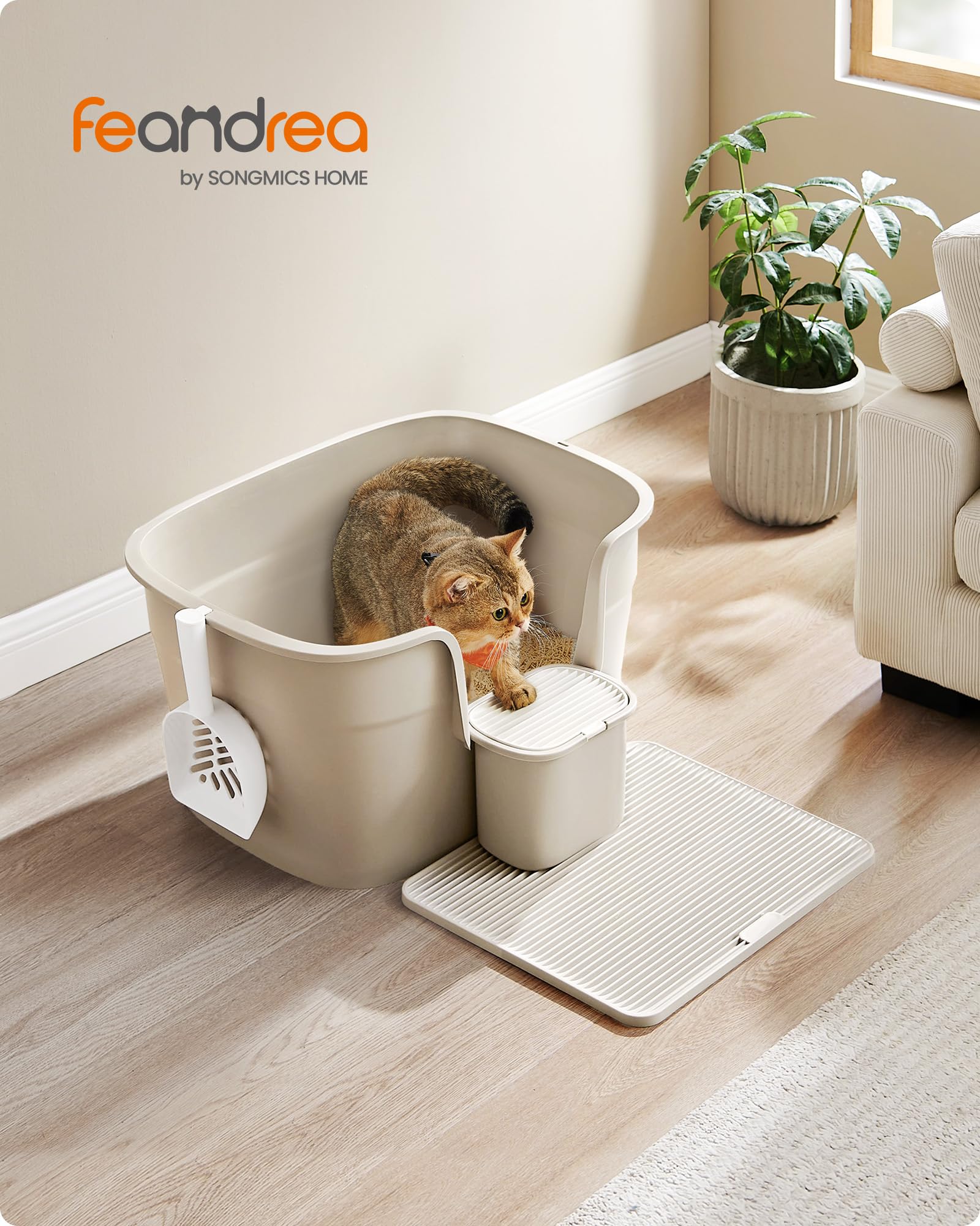 Feandrea Caja de Arena para Gatos Grandes, Extra Gran Arenero para Hogar con Varios Gatos, Incluye Tabla Recogedora, Pala, Beige Capuchino PPT003K01