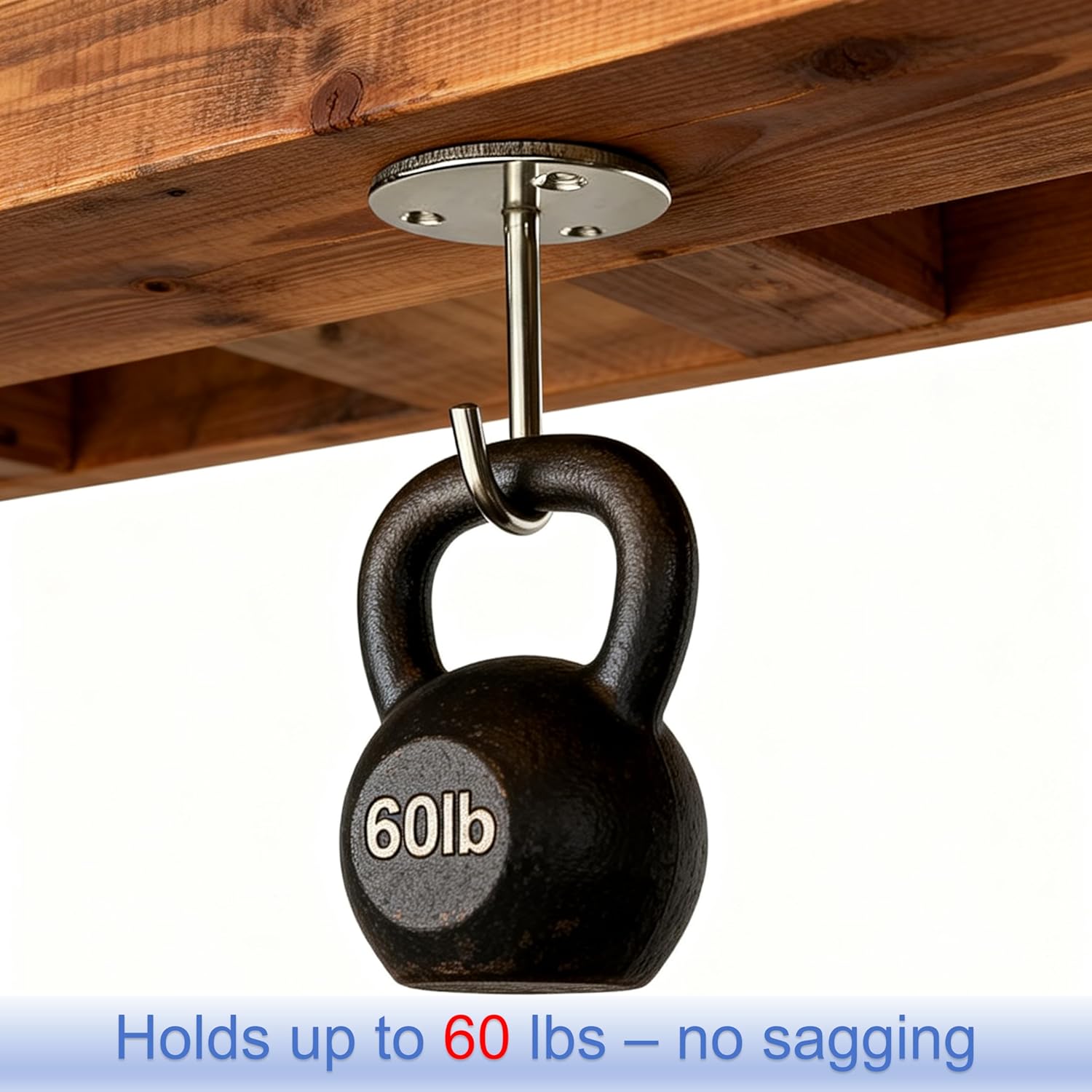 Stainless Steel Heavy Duty Ceiling Hooks - 60LBS Load Bearing, No Drill for Wood - Wall/Ceiling Mount Hooks for Kitchen, Garage - Hang Pots, Tools, Plants, Projector Screens