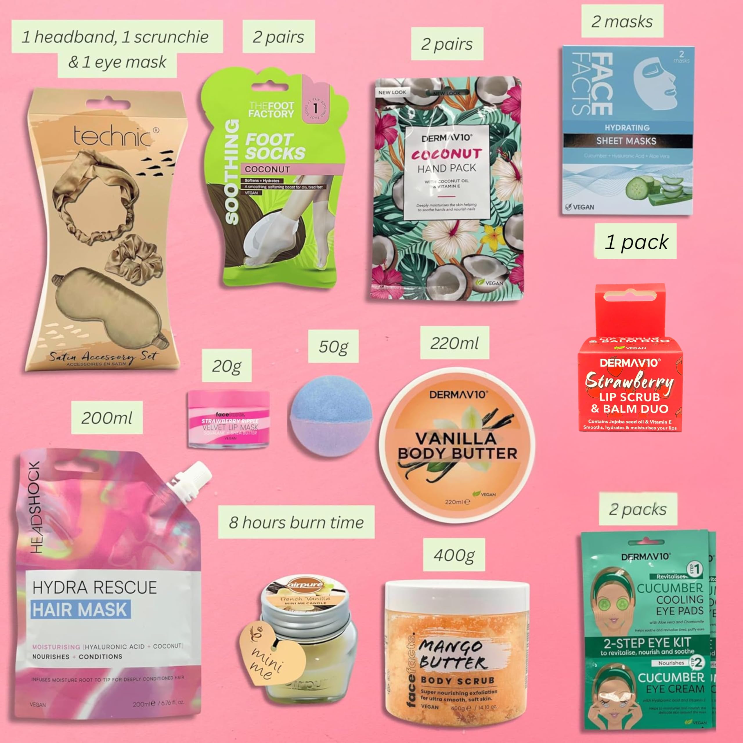 Ultimate Head to Toe Pamper Gift Set per le donne - Burro corpo alla vaniglia, maschera per capelli, maschera per il viso, scrub corpo al mango, kit labbra e occhi, calzini per piedi, confezioni per