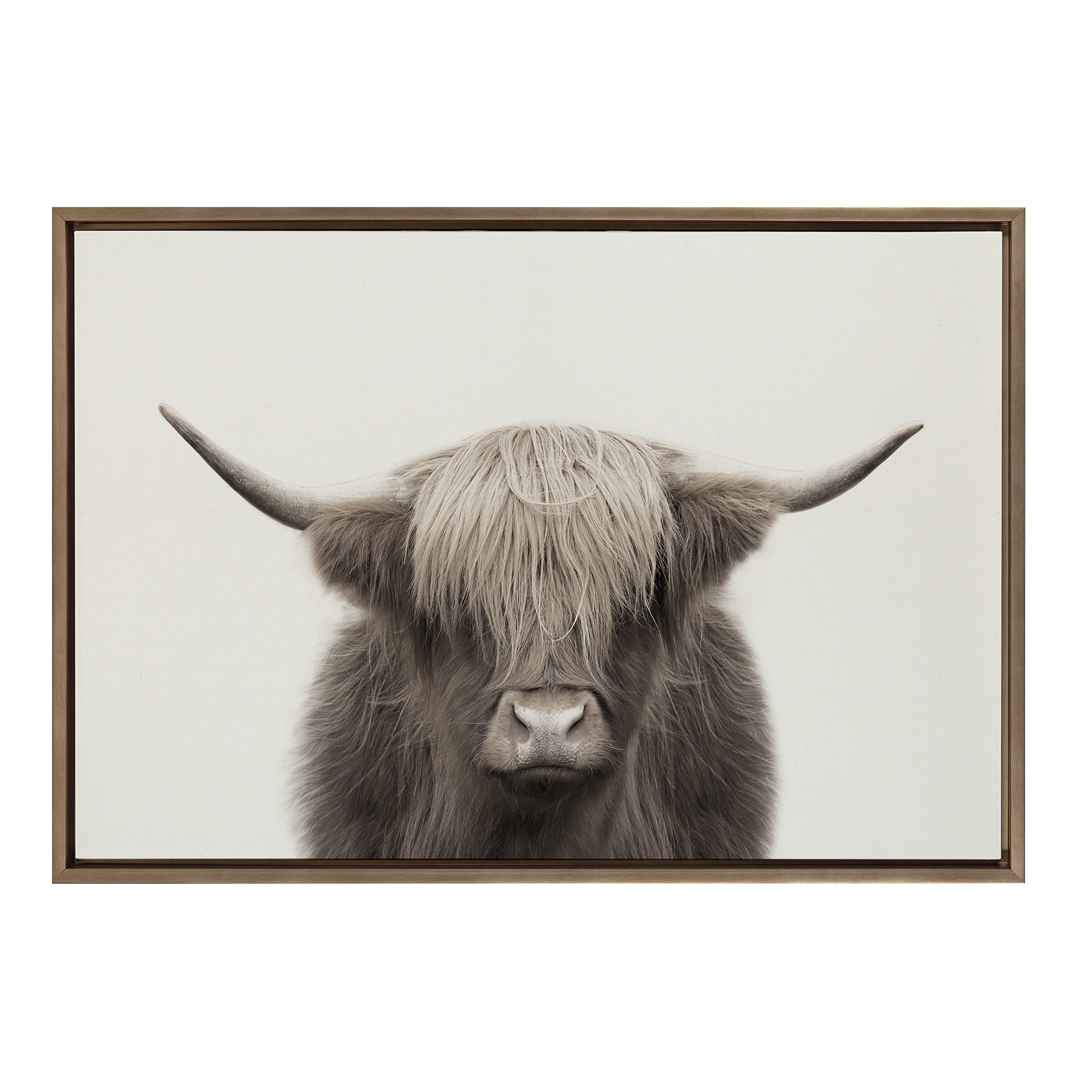 Kate and LaurelKate and Laurel Sylvie Hey Dude Highland Cow Color Framed Linen Textured Canvas Wall Art by The Creative Bunch Studio, 23x33 Gold. Minimalist Chic Animal Wall Décor