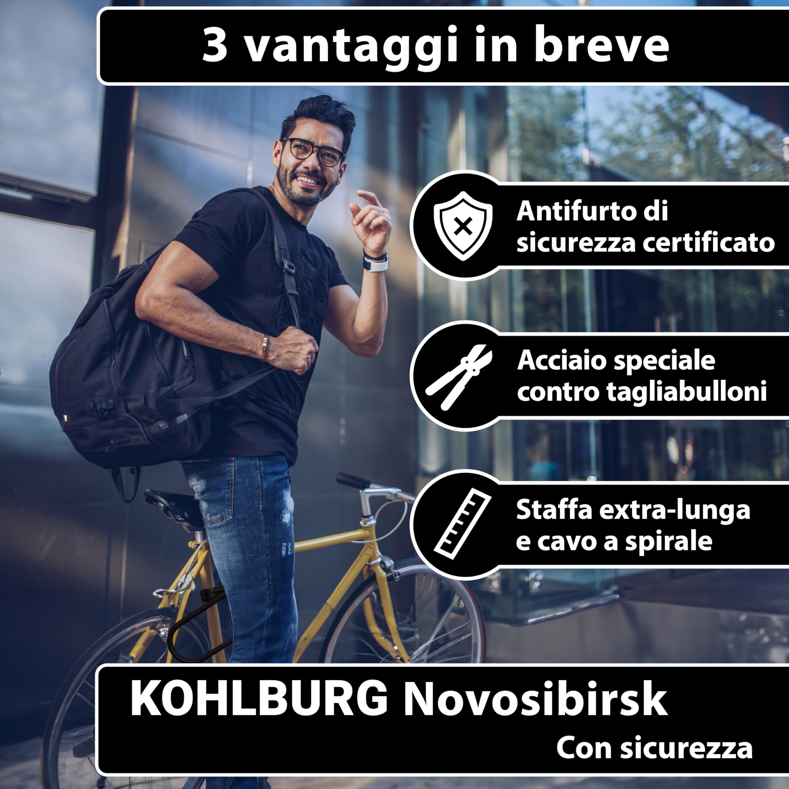 KOHLBURG Antifurto ad arco – Massimo livello di sicurezza 15/15 con cavo da 170 cm – Antifurto ad arco grande con supporto per e‑bike & bicicletta – Serratura bici alta sicurezza – U‑Lock Bike