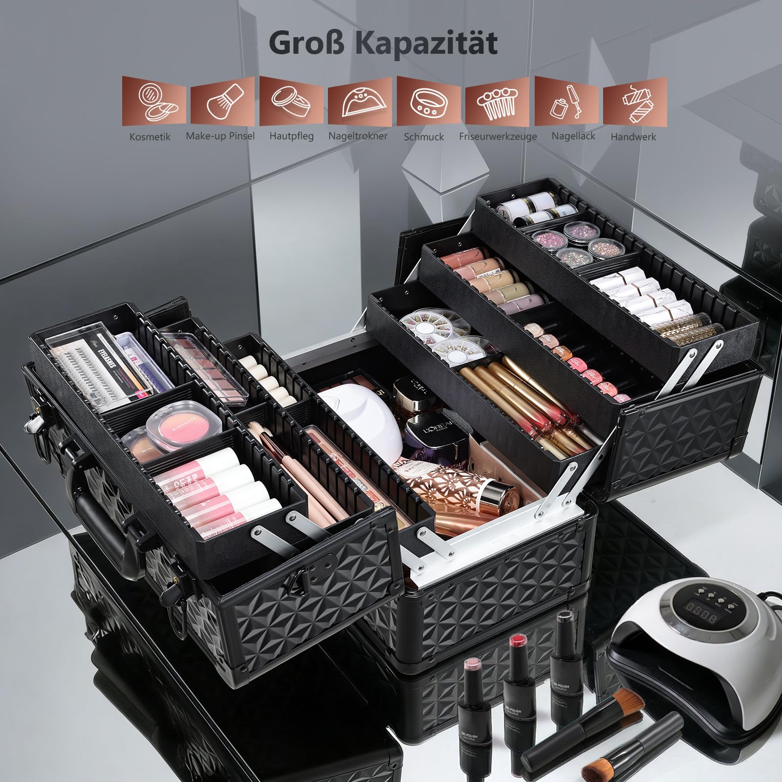 Alu Beautycase Kosmetikkoffer Schminkkoffer Make Up Organizer Aufbewahrung Schwarz