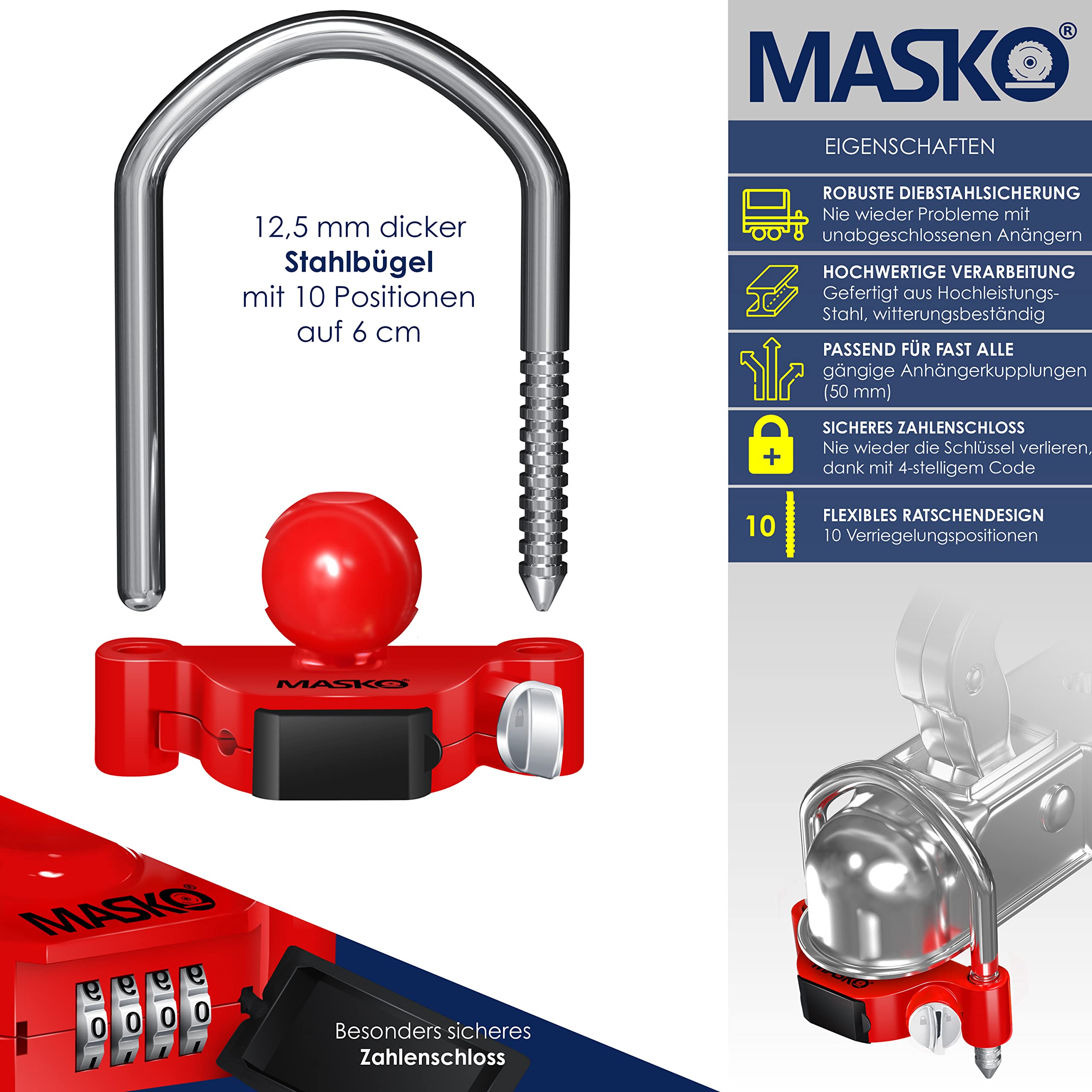 MASKO® Antivol à combinaison avec code à 4 chiffres pour attelage de remorque courants - Montage facile - Protection antivol - Caravane - Anse de remorquage - Anse en acier - Rouge