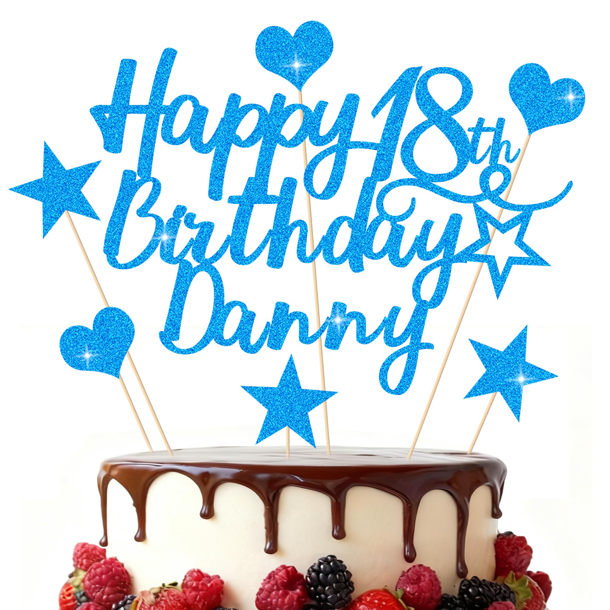 EDSG Personalised Happy Birthday Cake Topper, Custom Birthday Party Decoration, Double-Sided Glitter Cake Topper 13th 16th 18th 21st 30th 40th 50th 60th 80th (Blue)