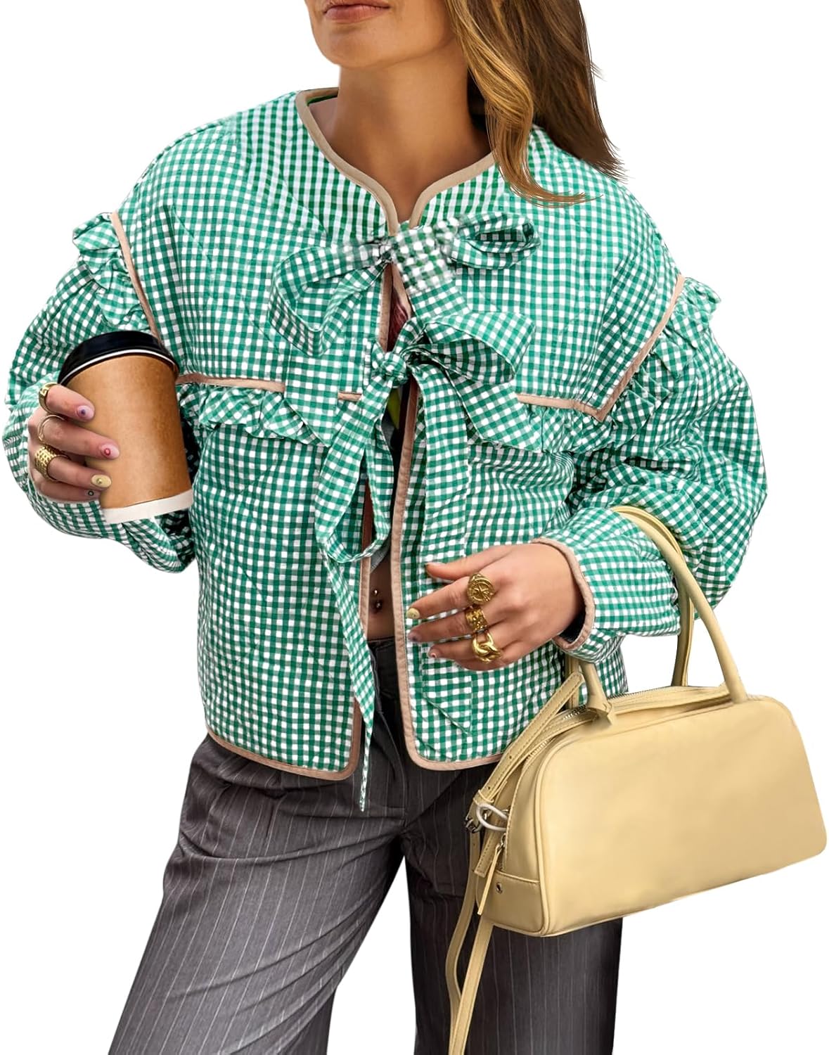 Tankaneo Womens Plaid Quilted Jackets Tie Front Lightweight Cropped Jacket Ruffled Puffer Padded Coat with Pockets