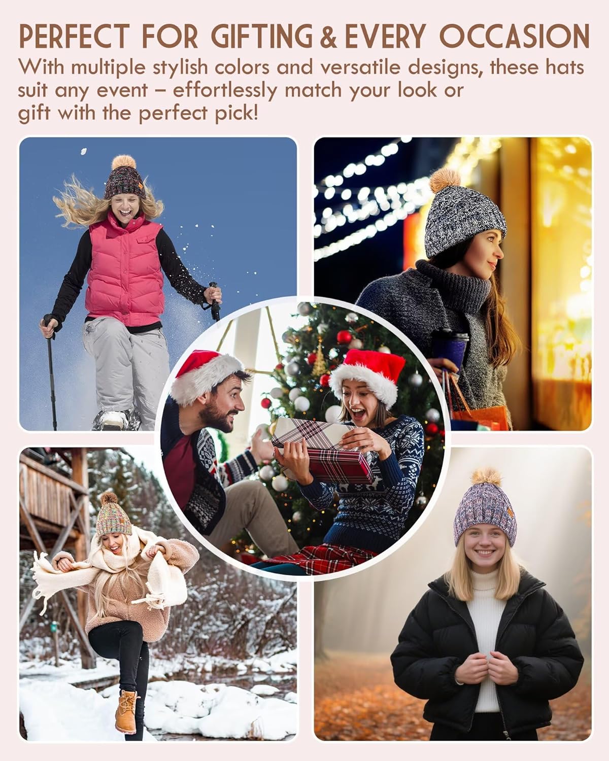 Winuesa Winter Hats for Women with Pom Pom, Womens Beanie Fleece Lined for Cold Weather, Multicolor Ski Skull Cap for Ladies - Image 7