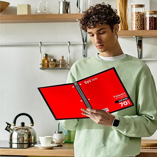 Miniatura 5 de EPI Cuaderno de espiral, 1 materia, papel a rayas anchas, 70 hojas, 10.5 x 8 pulgadas, cubierta roja, paquete de 48