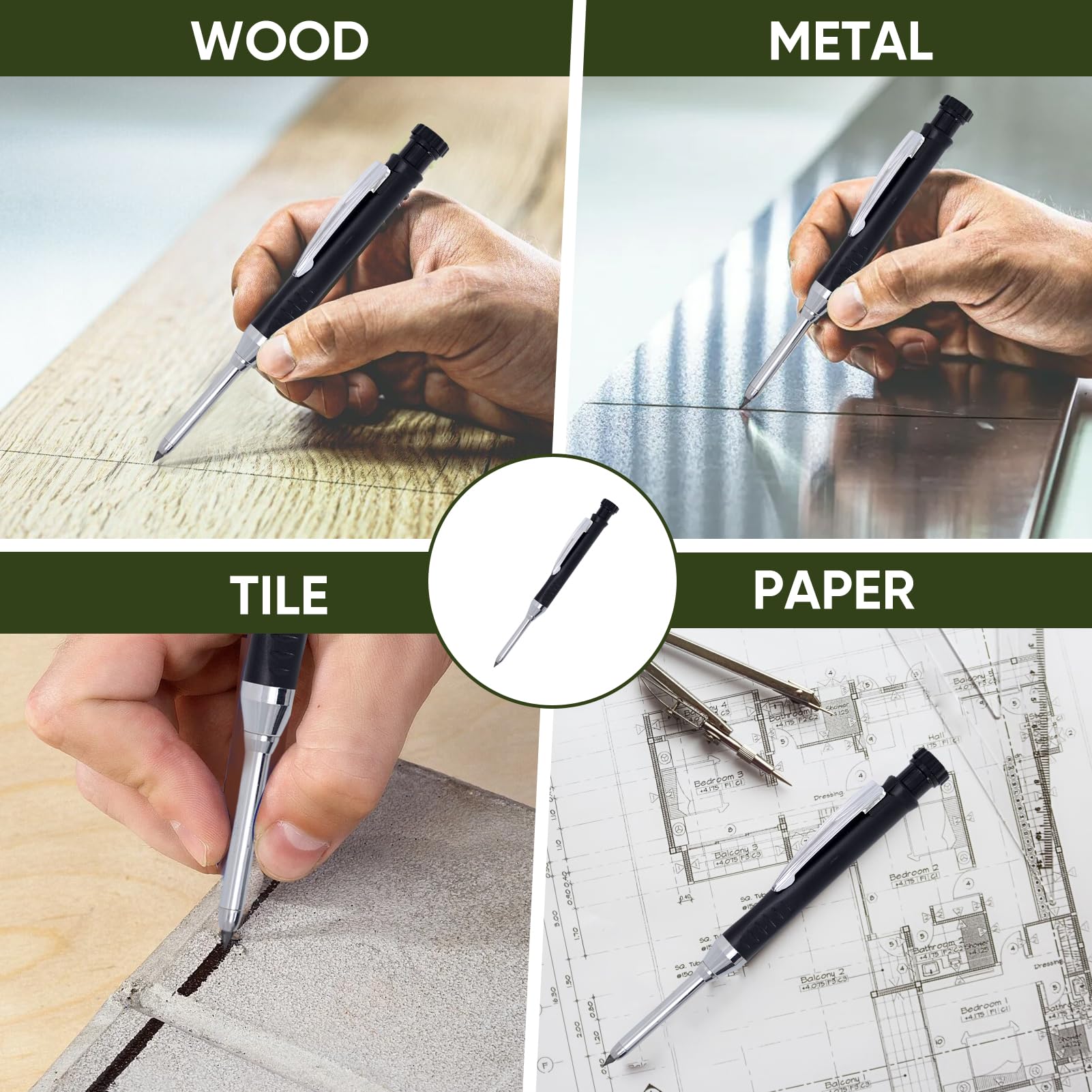 Mechanical Carpenters Pencil, Construction Pencil with 6Pcs Refills, Long Nose Nib Metal Solid Joiners - Image 2