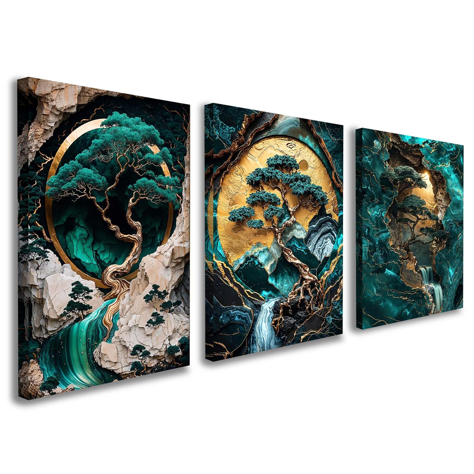 Set of 3 Framed Canvas Wall Art 12x16 Inch Landscape Tree and Waterfall Abstract Green and Gold Artwork Modern Wall Canvas Pictures for Living Room Bedroom Hallway Decoration with Hooks and MagicTape