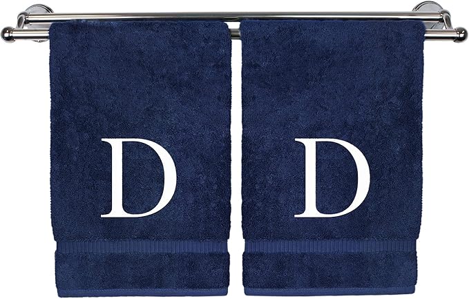 Monogrammed Hand Towel, Personalized Gift, Set of 2- White Block Letter Embroidered Towel - Extra Absorbent 100% Turkish Cotton - Soft Terry Finish - Initial D Navy