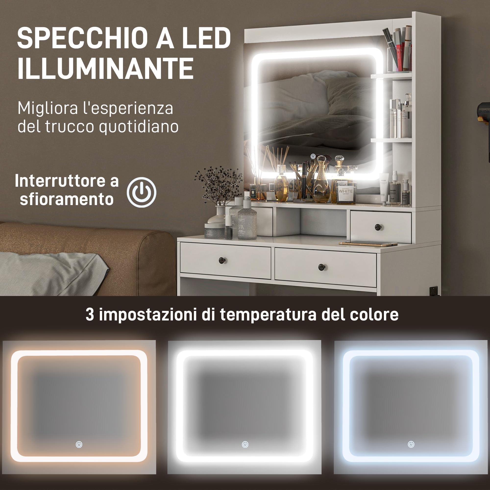 HOMCOM Toeletta Trucco con Luci LED e Specchio Prese USB 90x45x160cm Bianco
