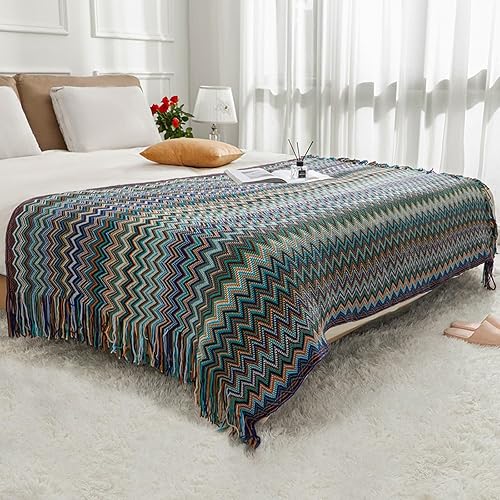 Miniatura 5 de Manta bohemia de punto con borlas, para exteriores, reversible, suave, acogedora, ligera, para sofá o cama, para todas las estaciones, color azul,