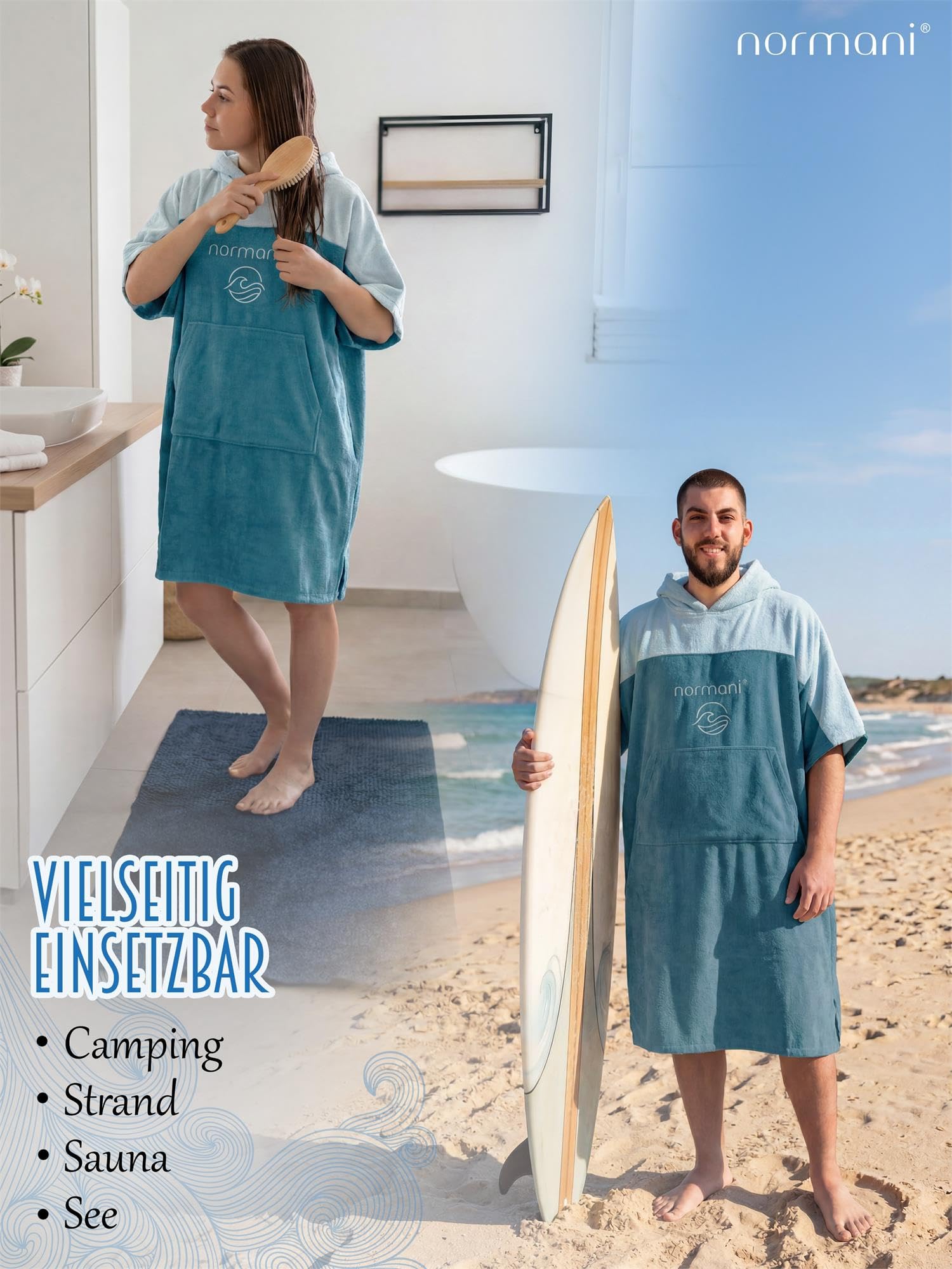 normani Erwachsenen Frottee Badeponcho aus Bio-Baumwolle für Herren und Damen - Strand Umziehhilfe Baumwoll Badehandtuch Surfer Poncho Farbe Dunkelblau Größe 174-199 cm
