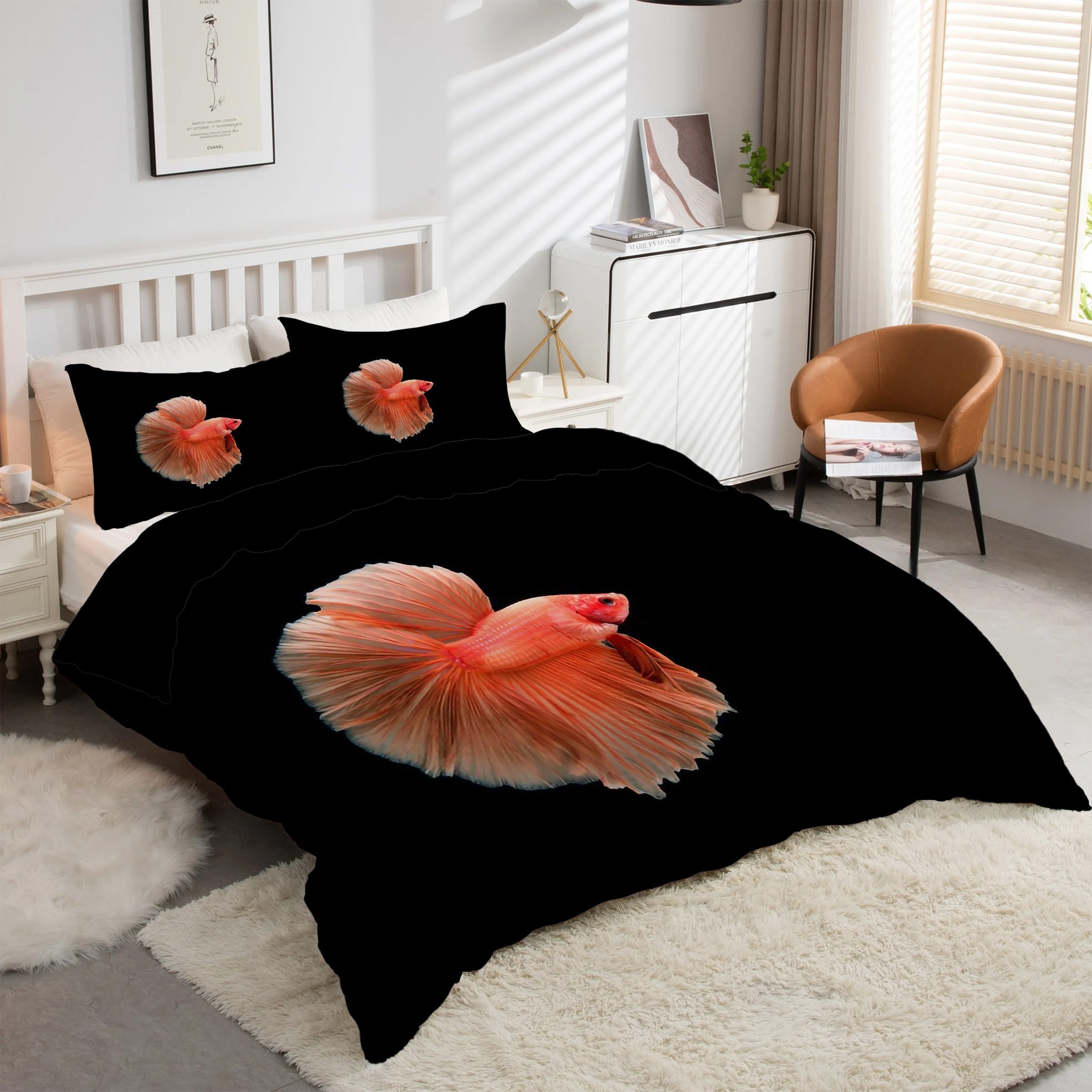 Housse de couette 220x240 champagne avec 2 taies d'oreiller motif poisson