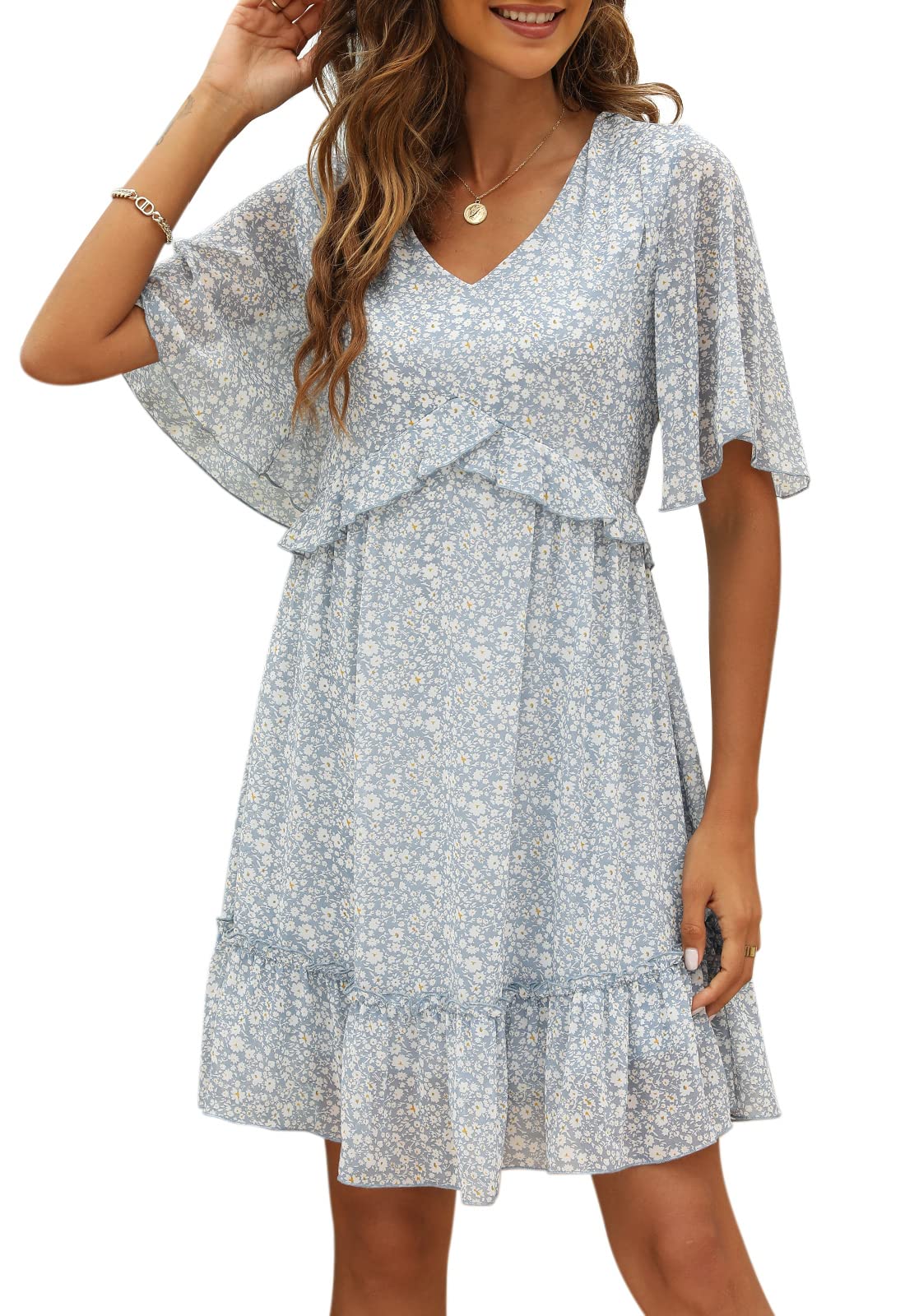 ManydressWomen's Summer Floral Print V Neck Casual Mini Boho Ruffle Swing Dress MY068
