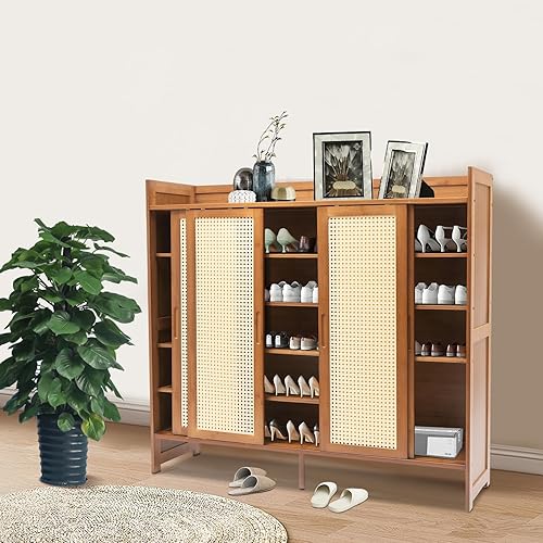 Miniatura 5 de Gabinete de zapatos con puerta corredera ventilada de dos vías, banco de almacenamiento de zapatos de 6 niveles con 4 puertas corredizas,