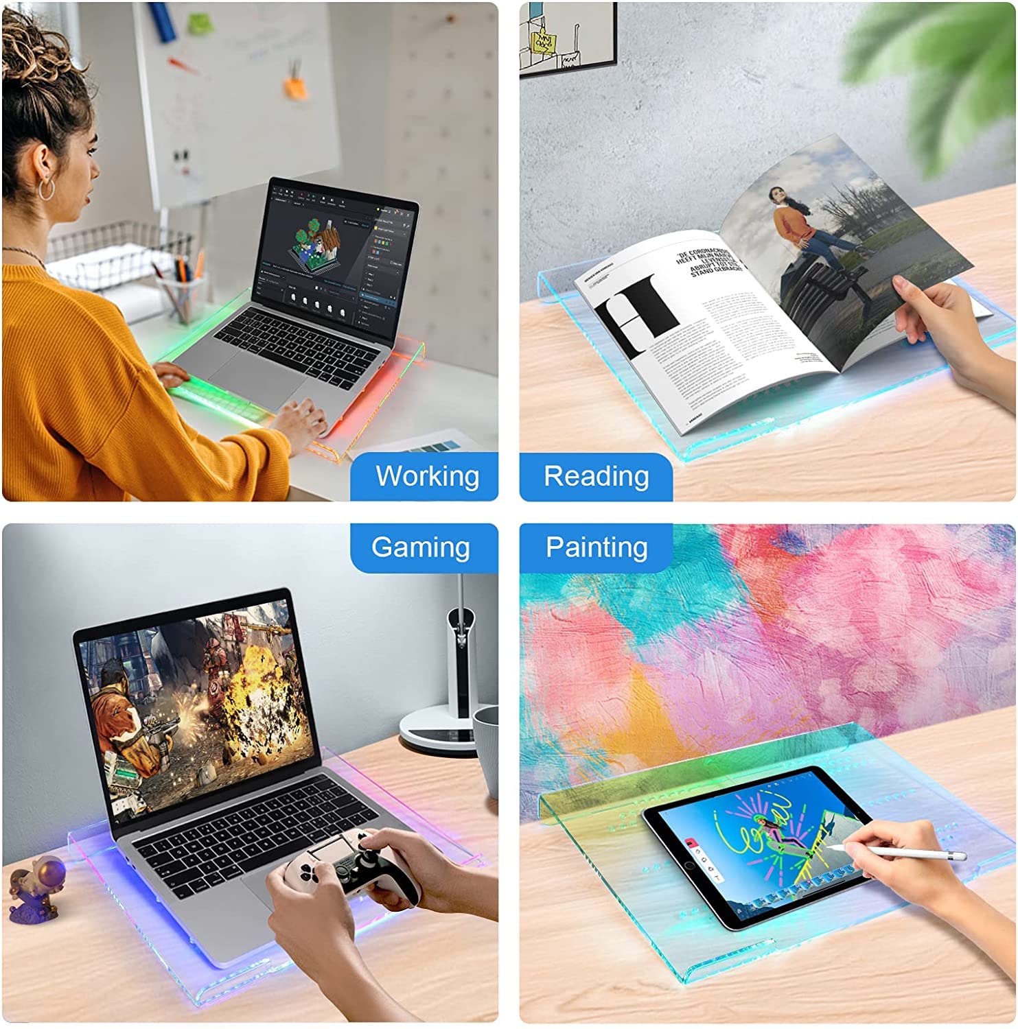 MAMBASNAKE Supporto per Laptop, Ergonomico Riser per Computer, Supporta per Notebook in Acrilico, Ventilato Supporto per PC, 366 RGB Retroilluminato, Compatibile con iPad MacBook Air HP, 10- 17,3"
