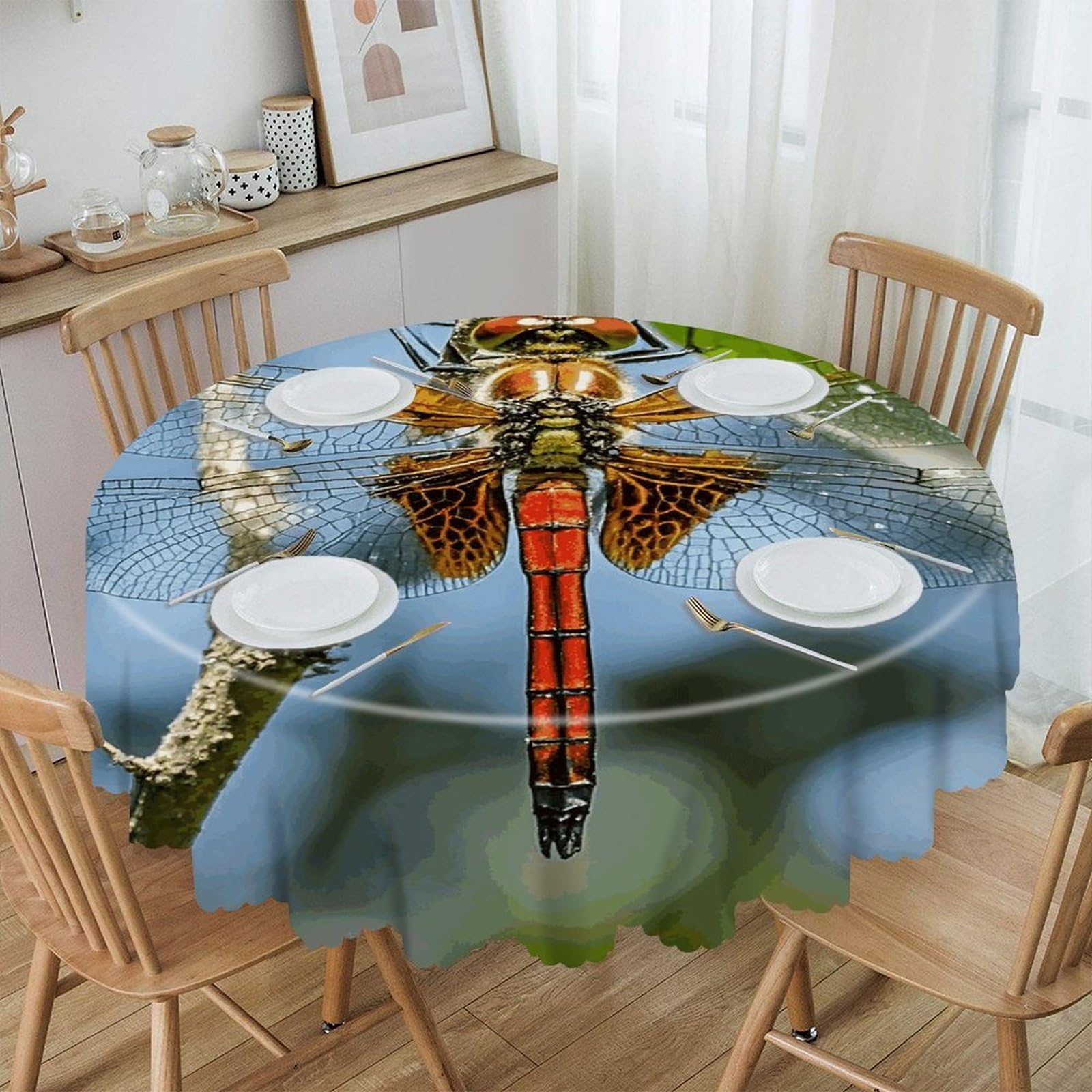 LZQPOEAS Dragonfly is Red Round Tablecloth Rustic Circle Table Cloth Wrinkle Resistant Decor Tablecloth Waterproof Washable Table Cover for Kitchen Party Dining Table 60 Inch