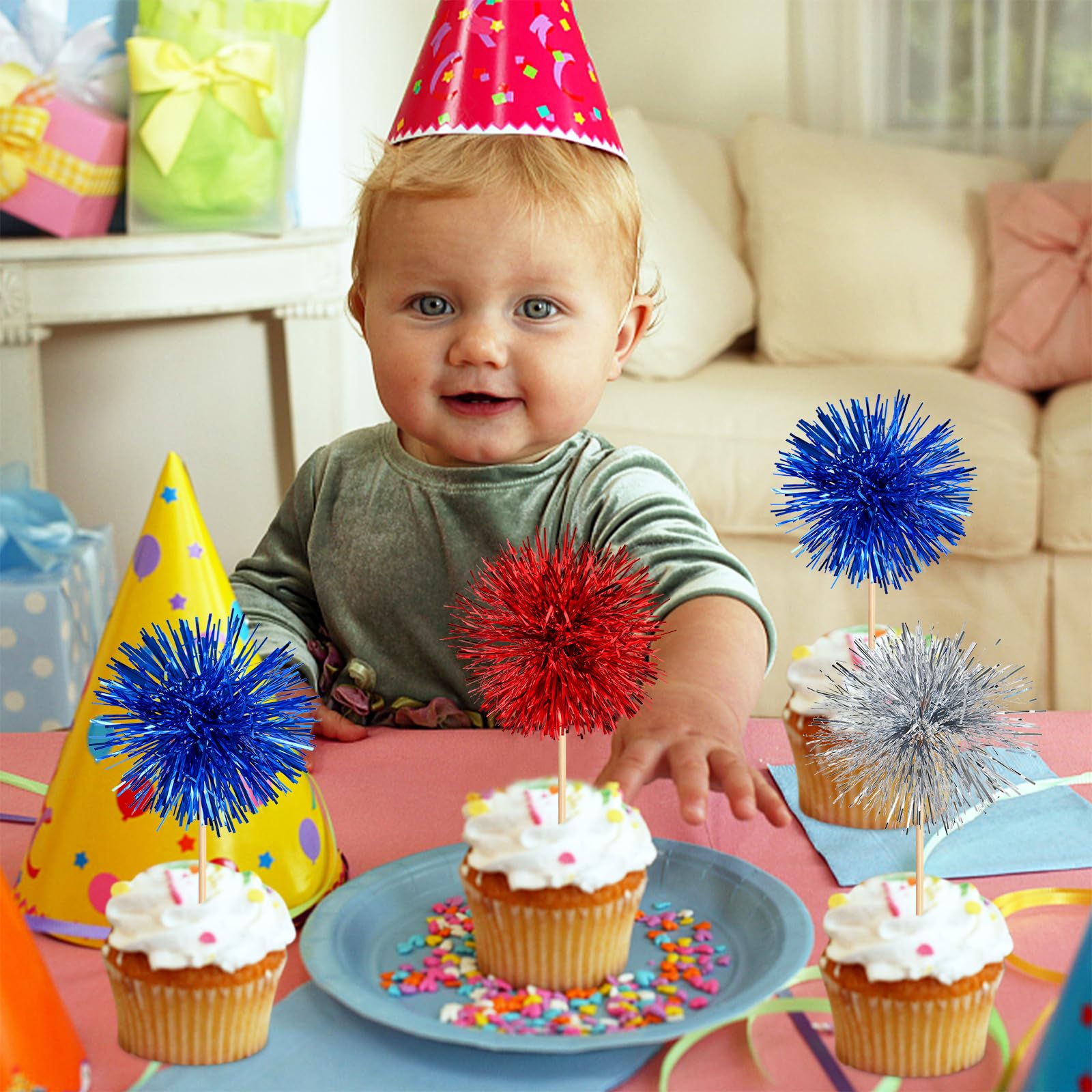 15 Pack Foil Firework Cupcake Toppers Party Birthday Cake Toppers Supplies Sparkle Tinsel Cocktail Fruit Toothpick for Birthday Wedding Graduation Party Red+Blue+Sliver