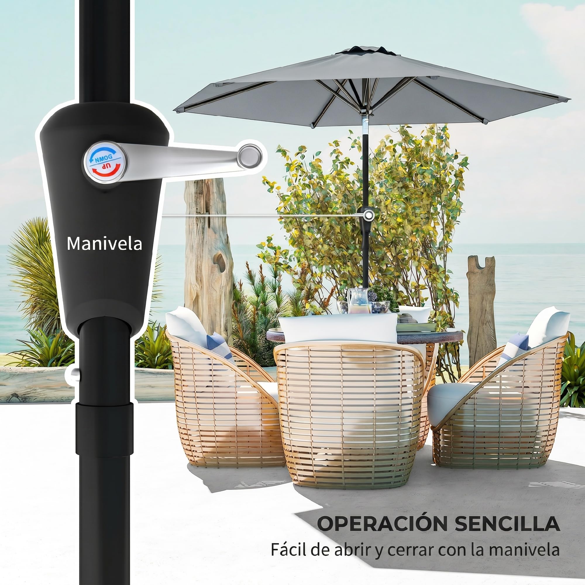 Outsunny Sombrilla Terraza Exterior Ø230 cm Sombrilla de Jardín con Ángulo Ajustable y Manivela Impermeable Parasol para Patio Terraza